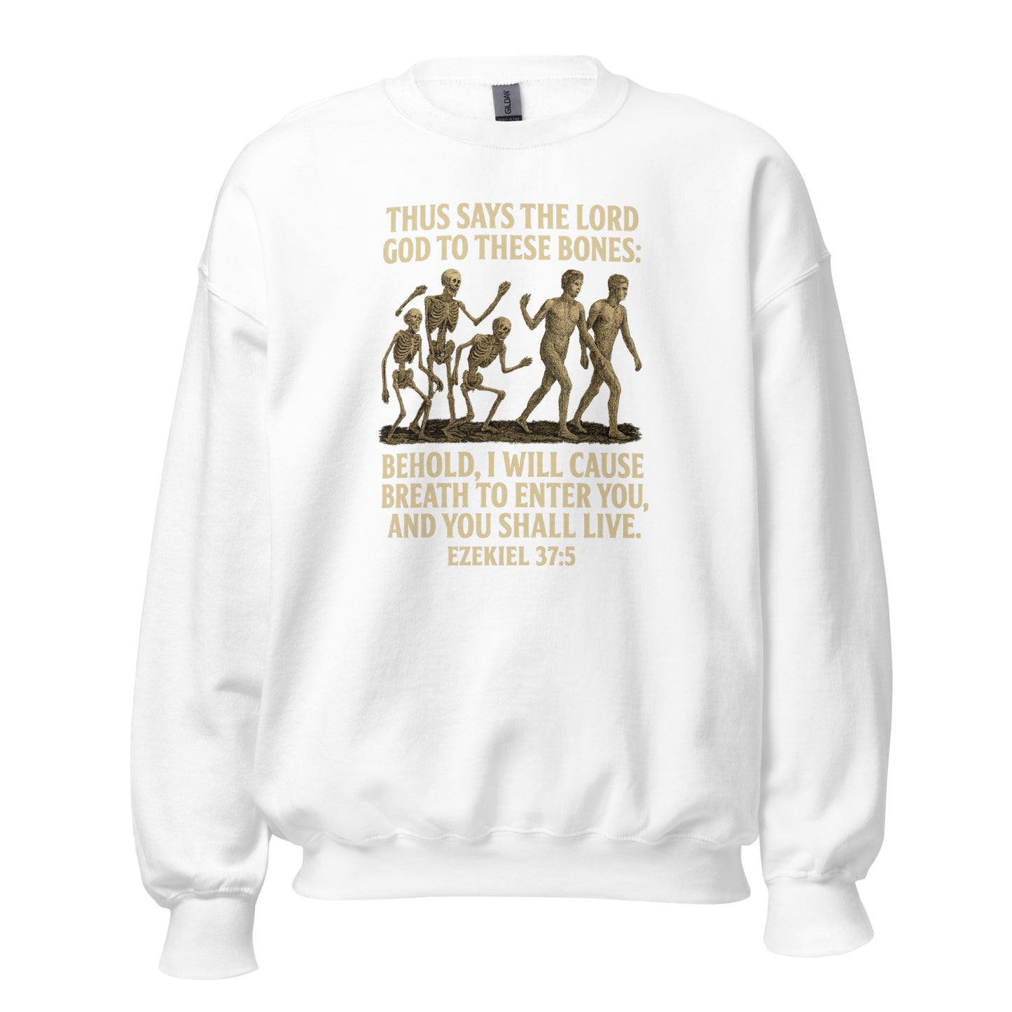 Christian prophecy sweatshirt with Ezekiel 37:5 Dry Bones design