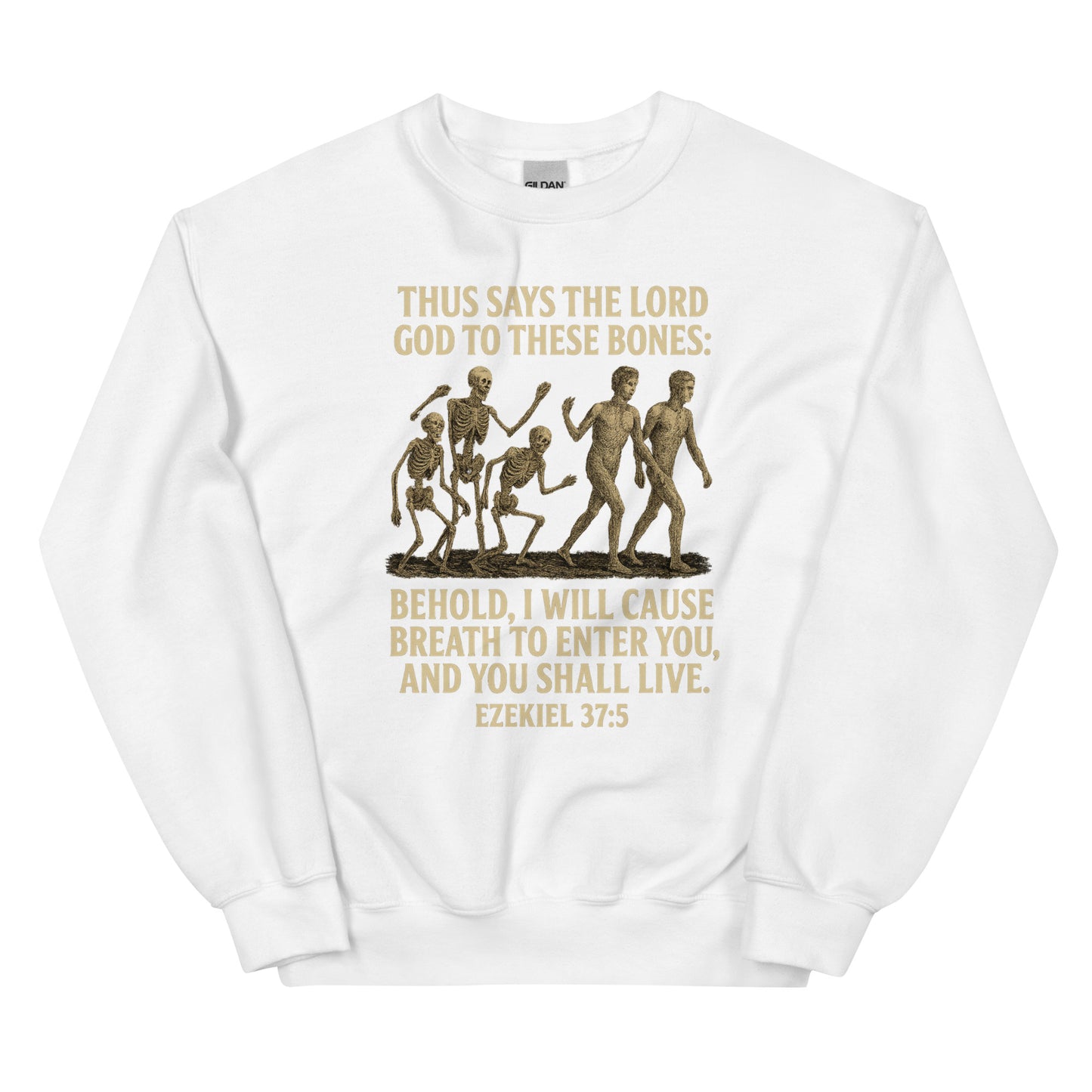 Christian prophecy sweatshirt with Ezekiel 37:5 Dry Bones design