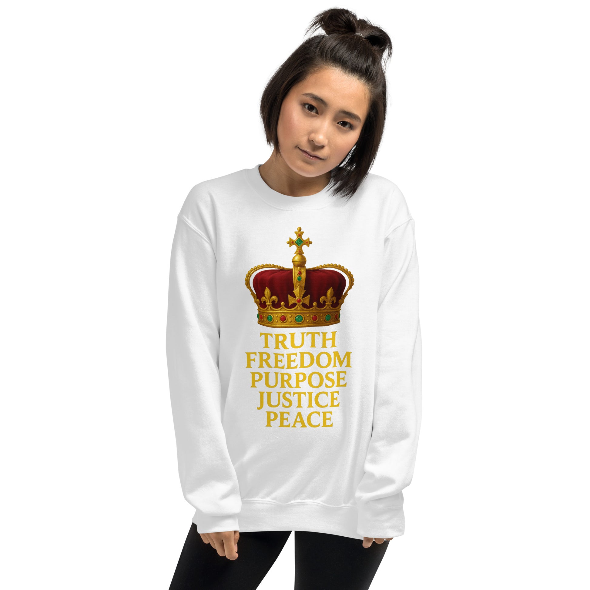 Christian sweatshirt with Truth • Freedom • Purpose • Justice • Peace royal crown design