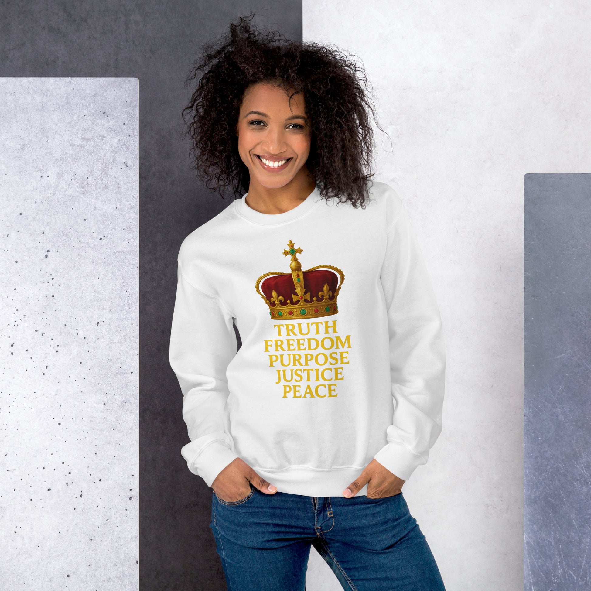 Christian sweatshirt with Truth • Freedom • Purpose • Justice • Peace royal crown design