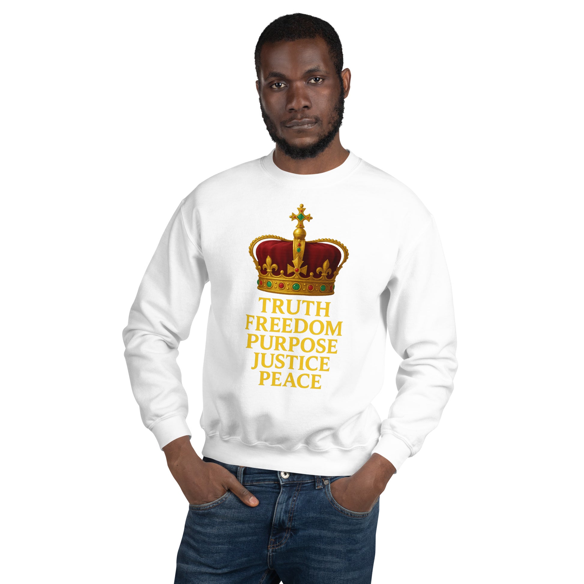 Christian sweatshirt with Truth • Freedom • Purpose • Justice • Peace royal crown design