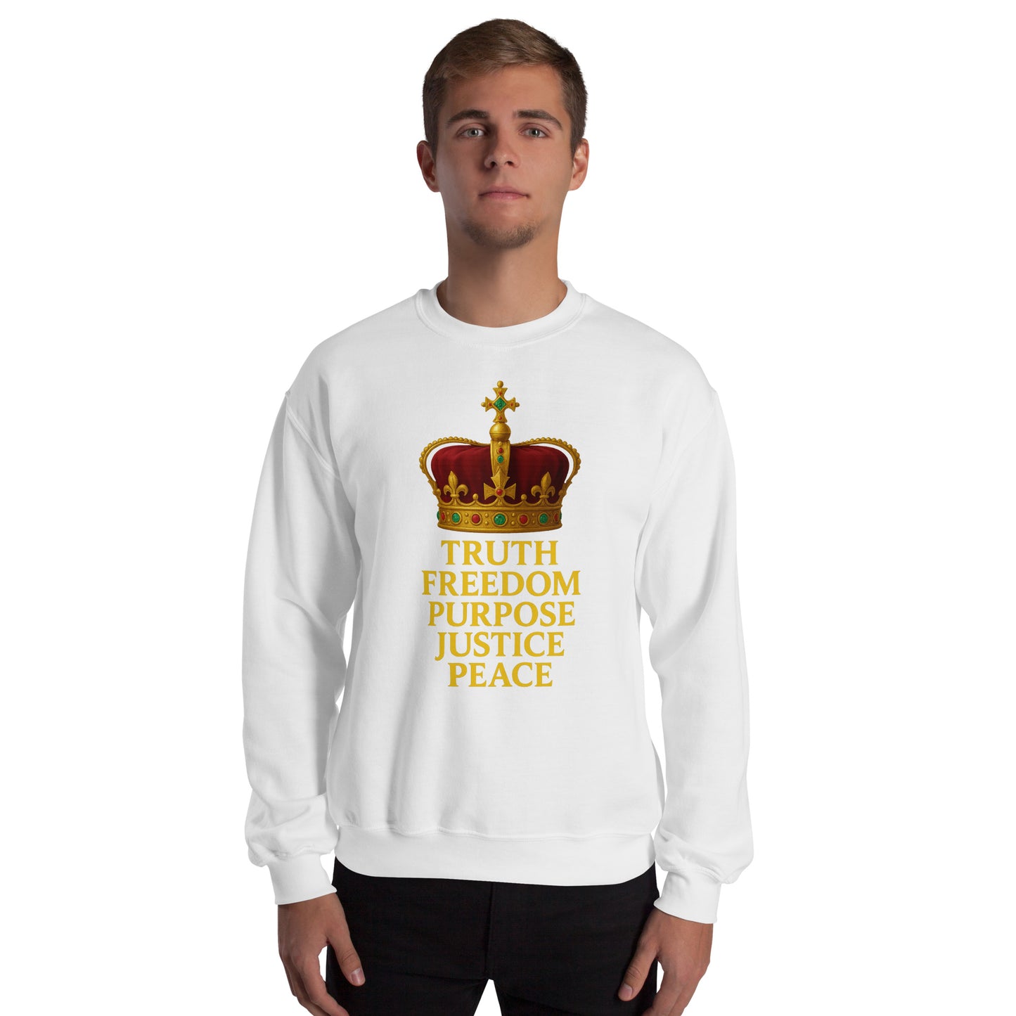 Christian sweatshirt with Truth • Freedom • Purpose • Justice • Peace royal crown design