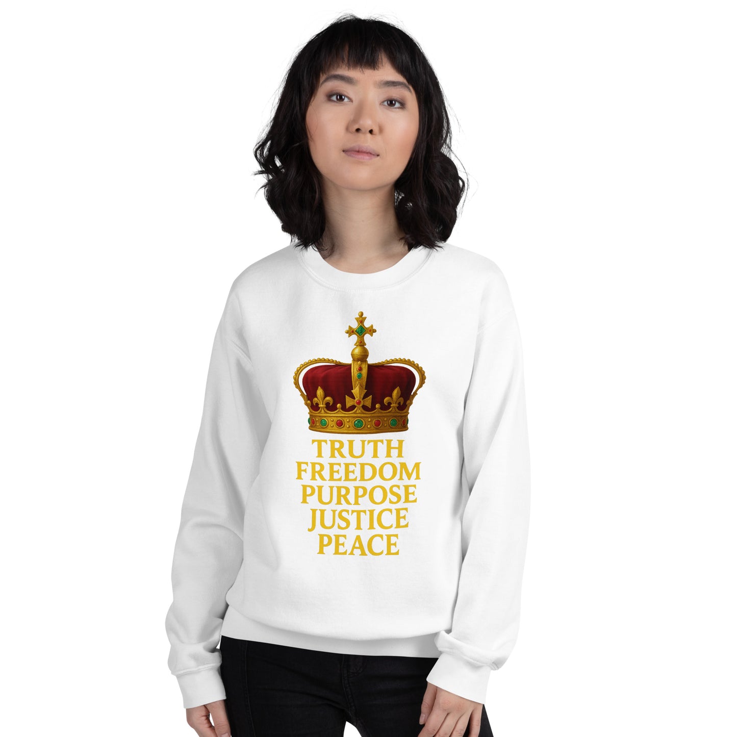 Christian sweatshirt with Truth • Freedom • Purpose • Justice • Peace royal crown design
