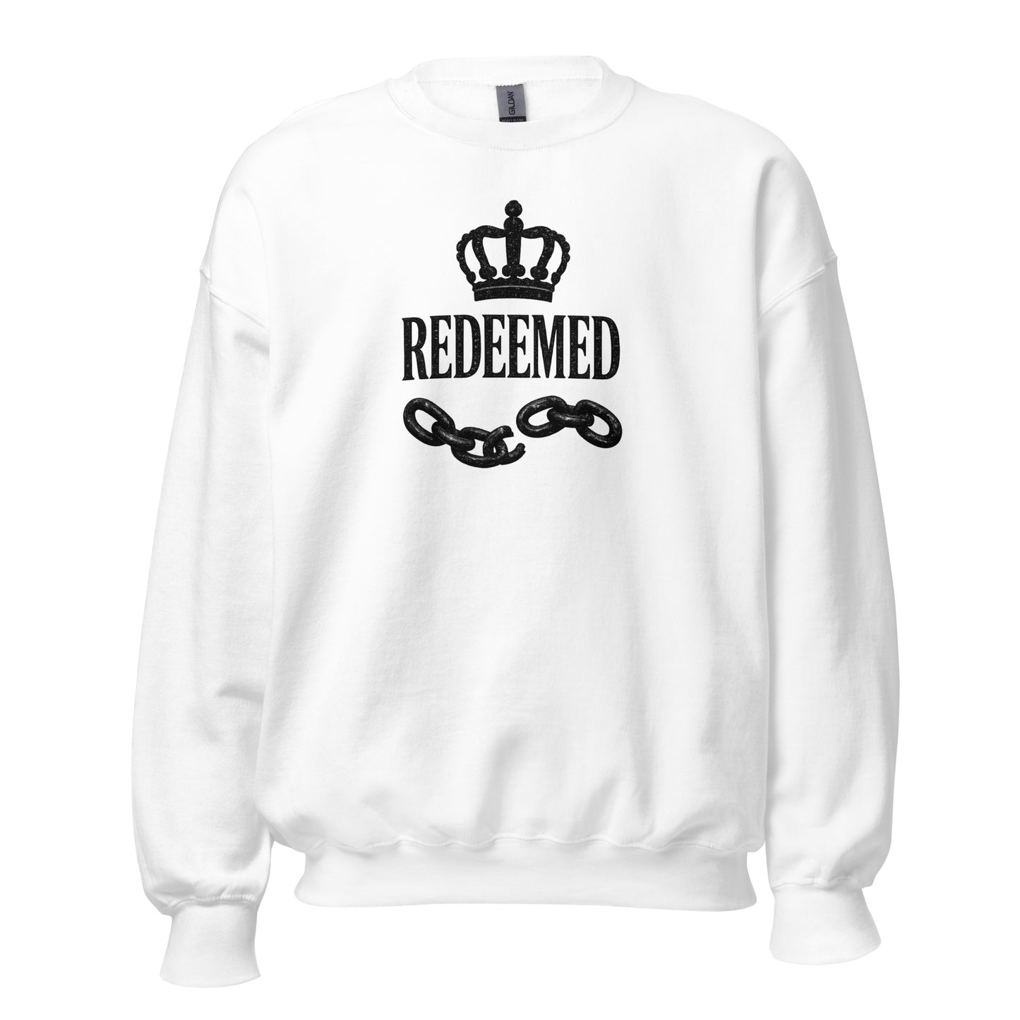 White sweatshirt with 'REDEEMED' text and chain design on a white background