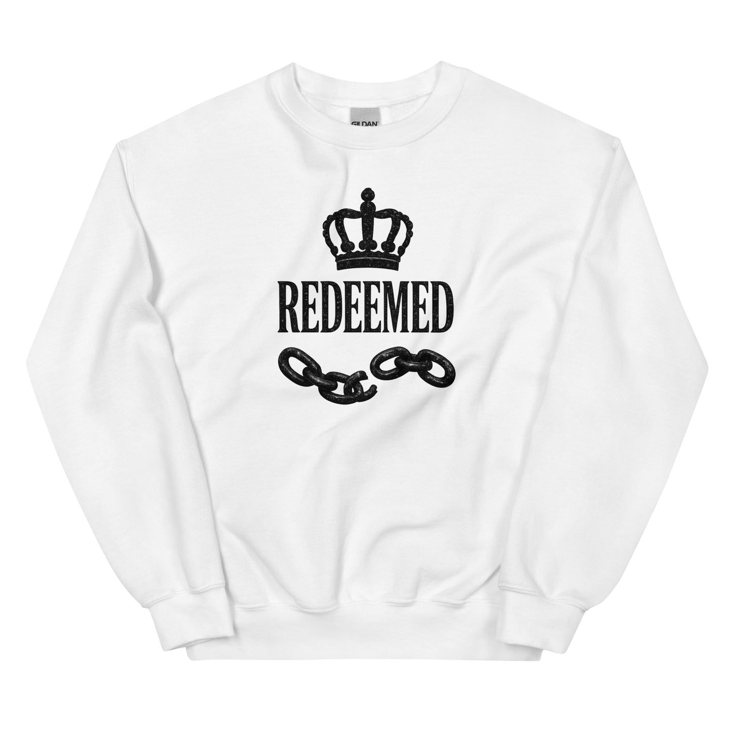 White sweatshirt with 'REDEEMED' text and chain design on a white background