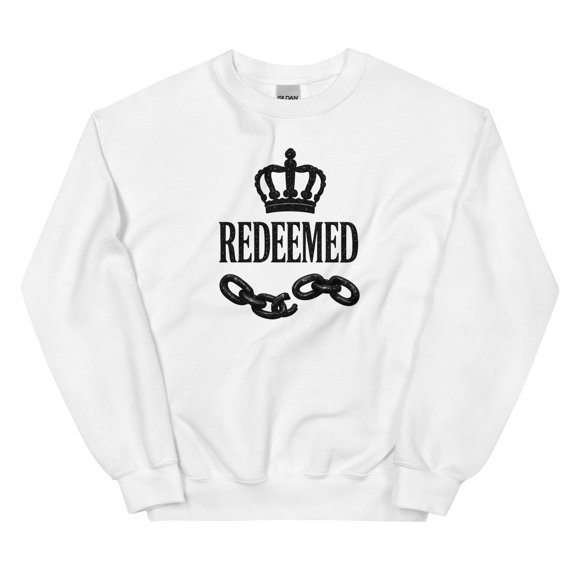White sweatshirt with 'REDEEMED' text and chain design on a white background
