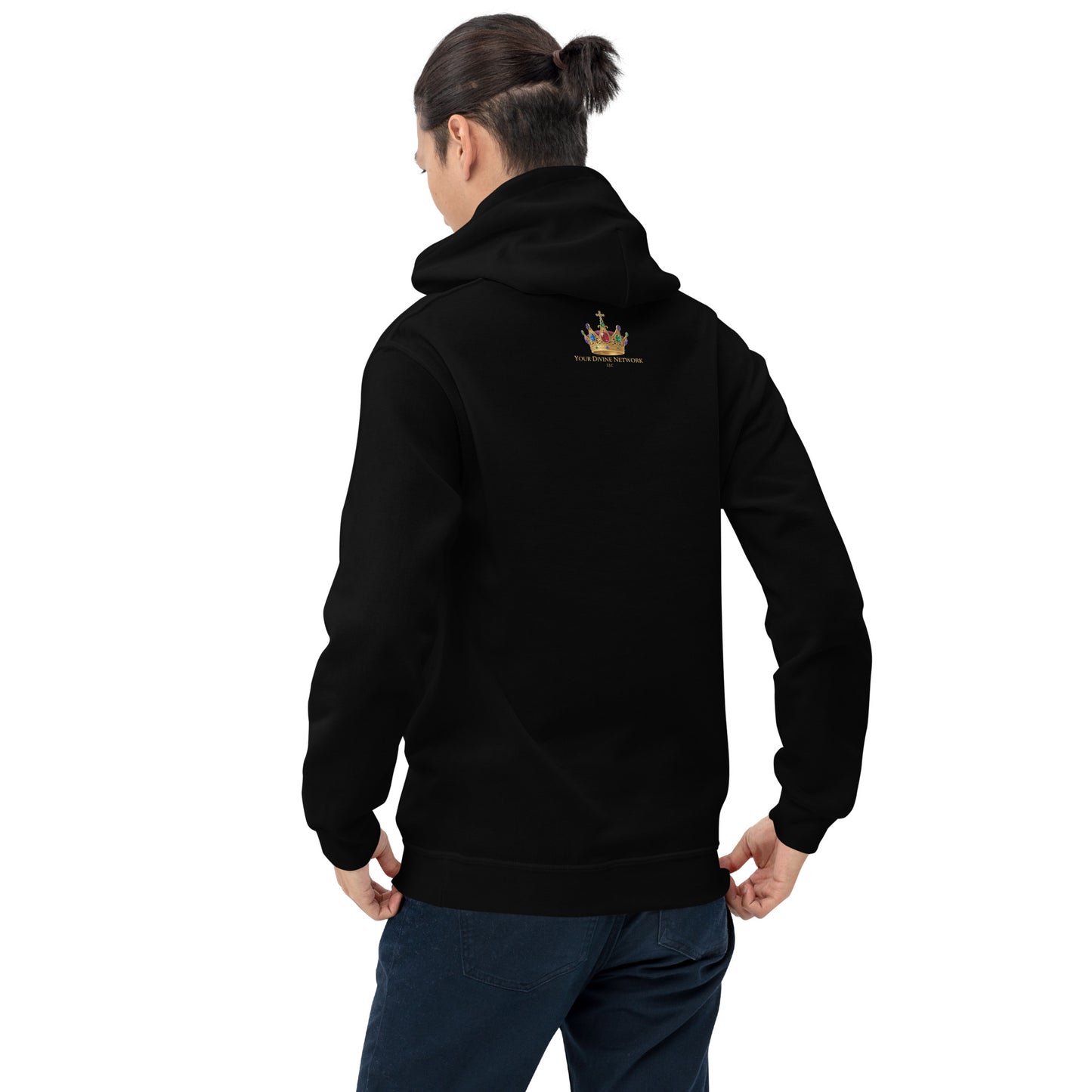 Man wearing a black hoodie with a graphic design and text on a white background