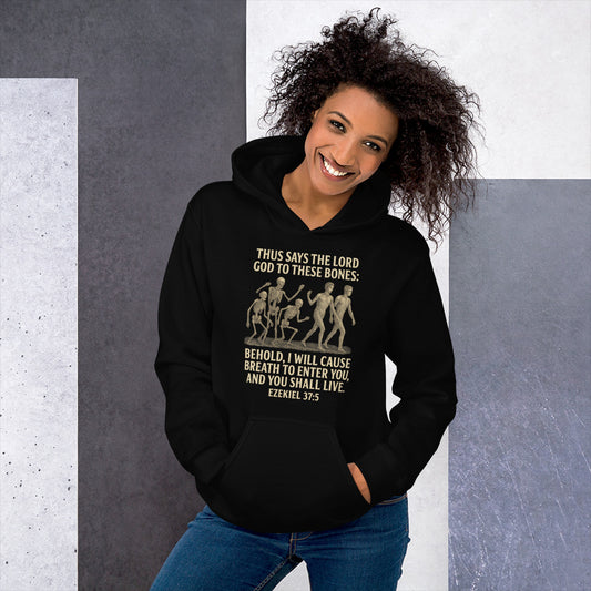 Christian hoodie with Ezekiel 37:5 “Dry Bones” prophecy design