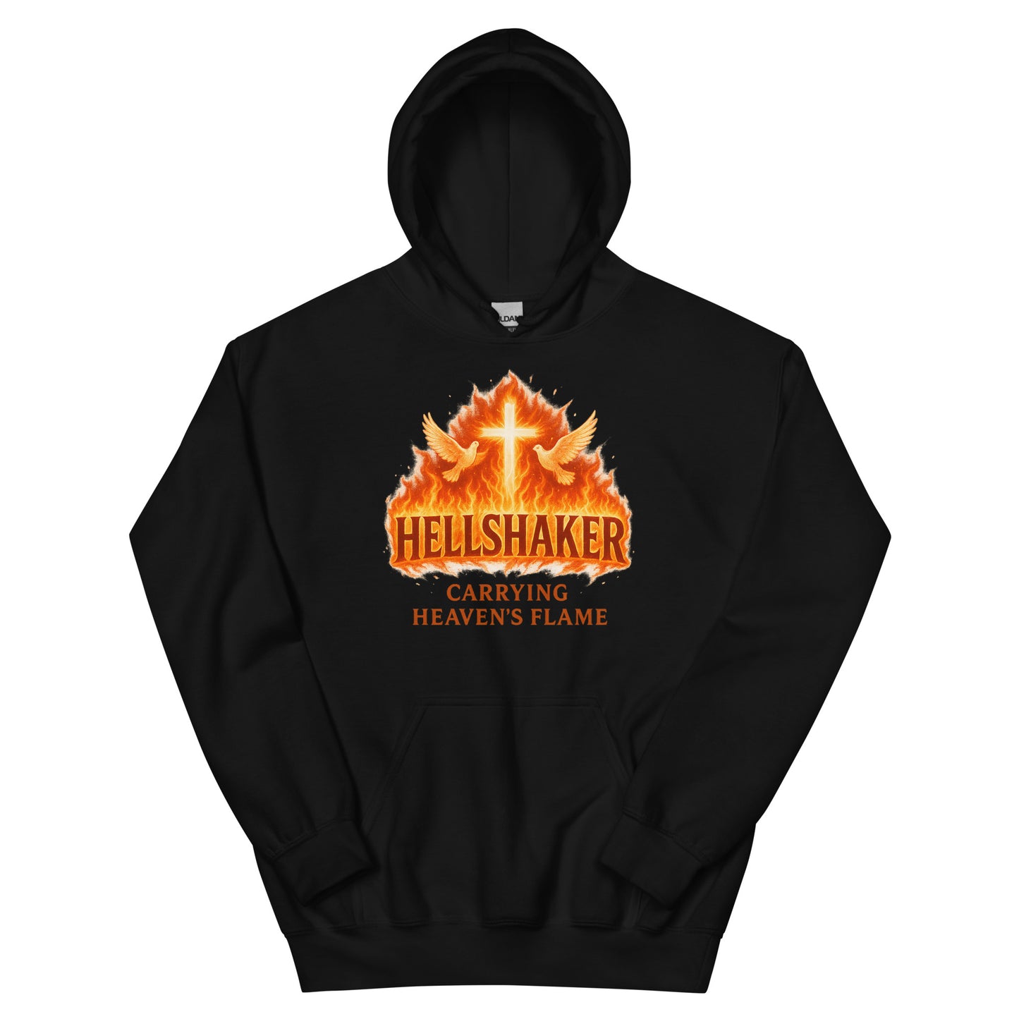 Christian hoodie – Hellshaker – Carrying Heaven’s Flame – flaming cross and wings – Bold Faith Apparel | Your Divine Network