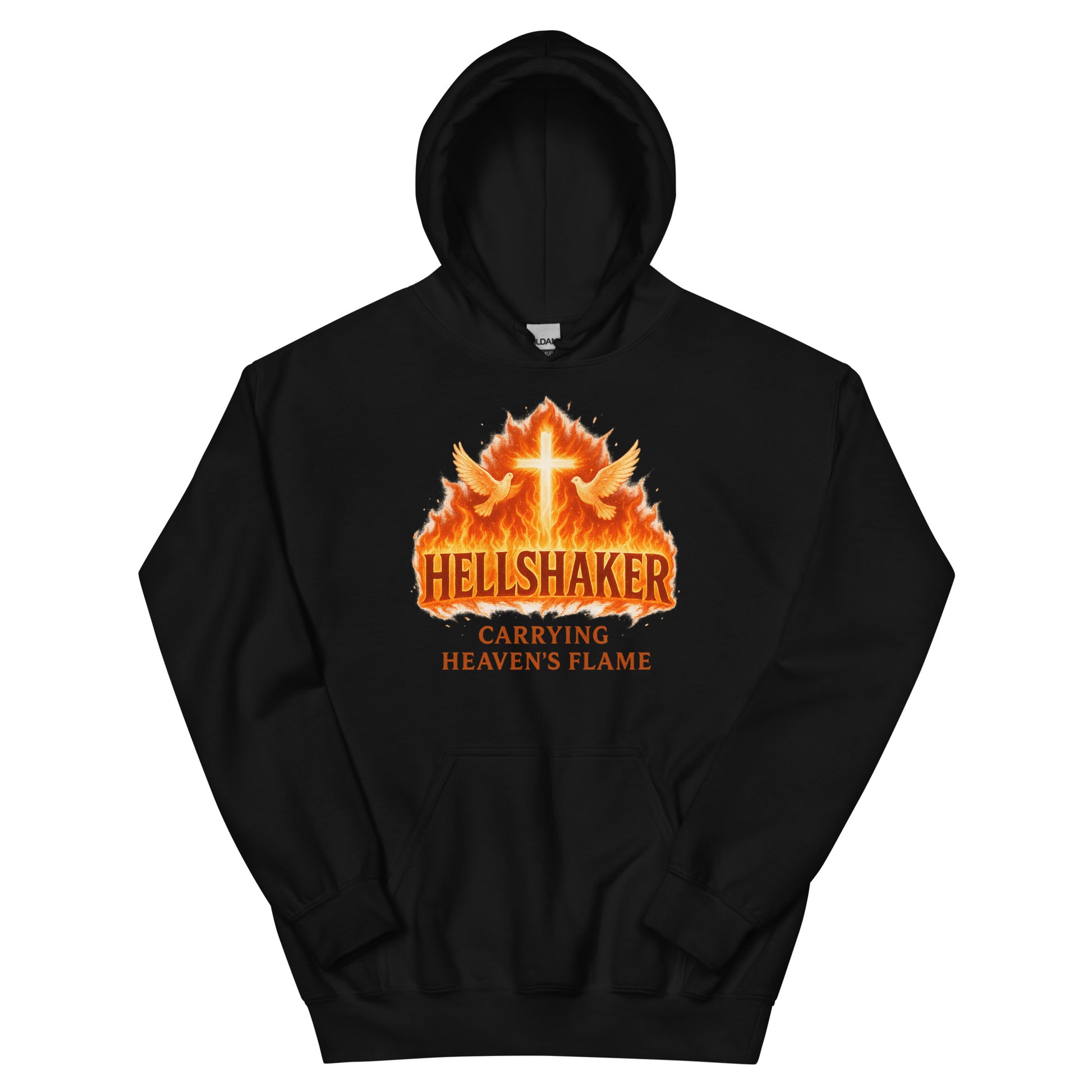 Christian hoodie – Hellshaker – Carrying Heaven’s Flame – flaming cross and wings – Bold Faith Apparel | Your Divine Network