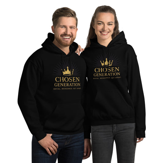Chosen hoodie with gold crown and small text reading “Royal. Set Apart.” Christian streetwear design