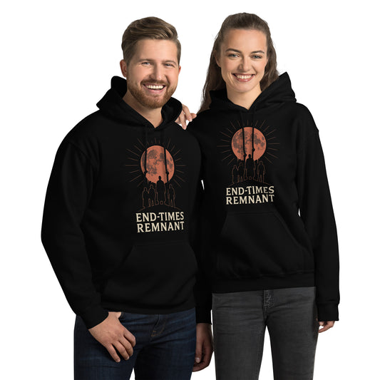 End Times Remnant hoodie with blood moon and praying silhouettes, Christian prophetic apparel for last-days believers