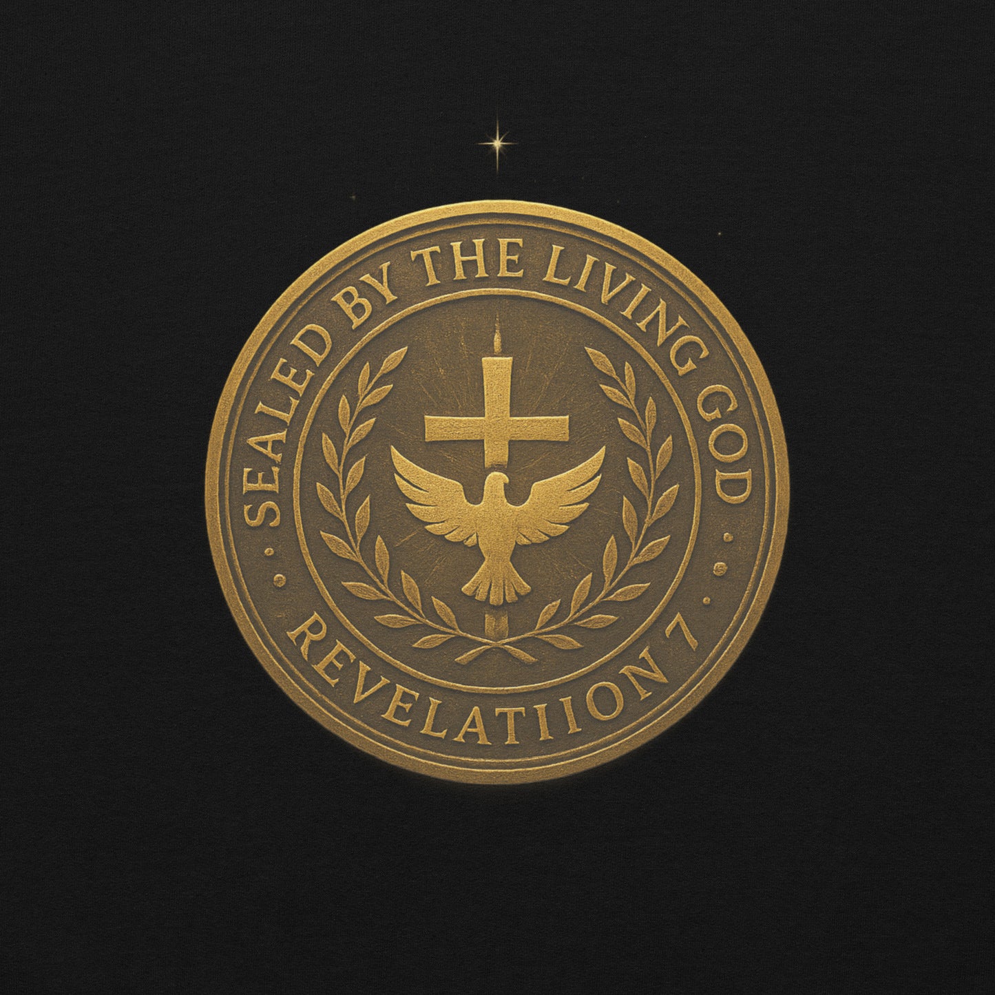 Christian hoodie with gold seal emblem that reads “Sealed by the Living God – Revelation 7” with a cross and dove in the center.