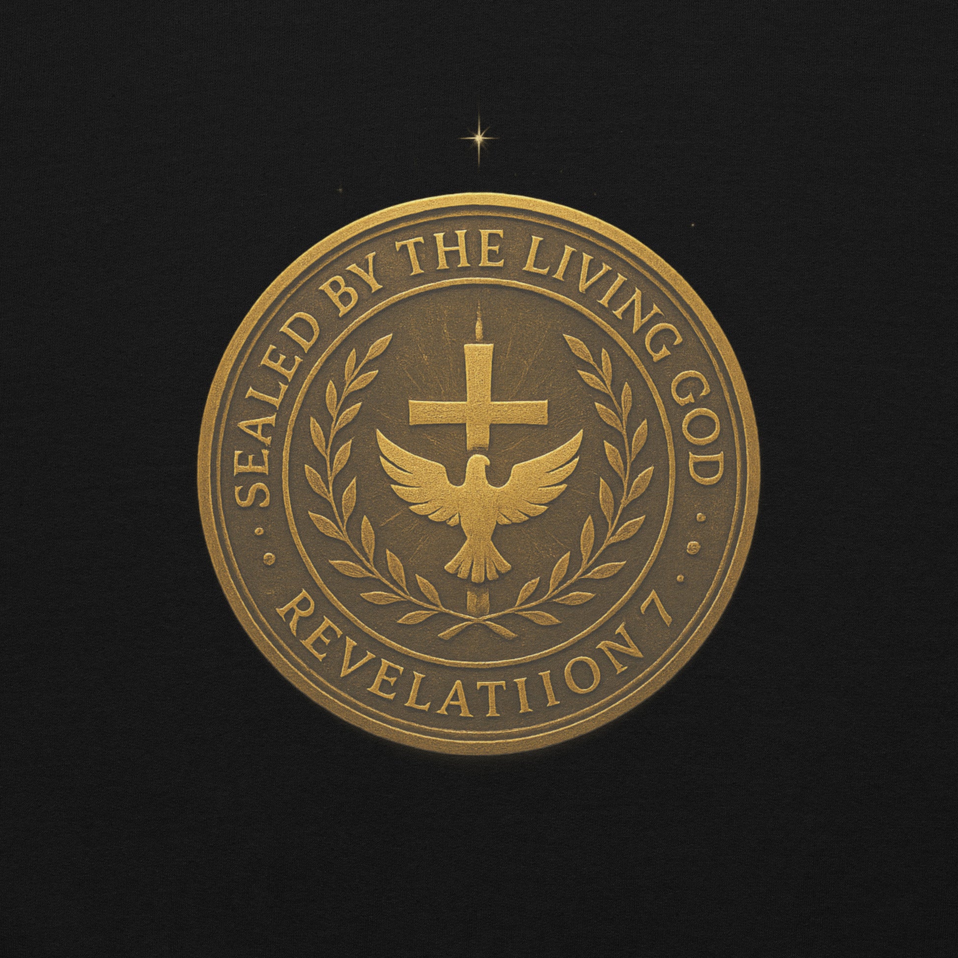 Christian hoodie with gold seal emblem that reads “Sealed by the Living God – Revelation 7” with a cross and dove in the center.