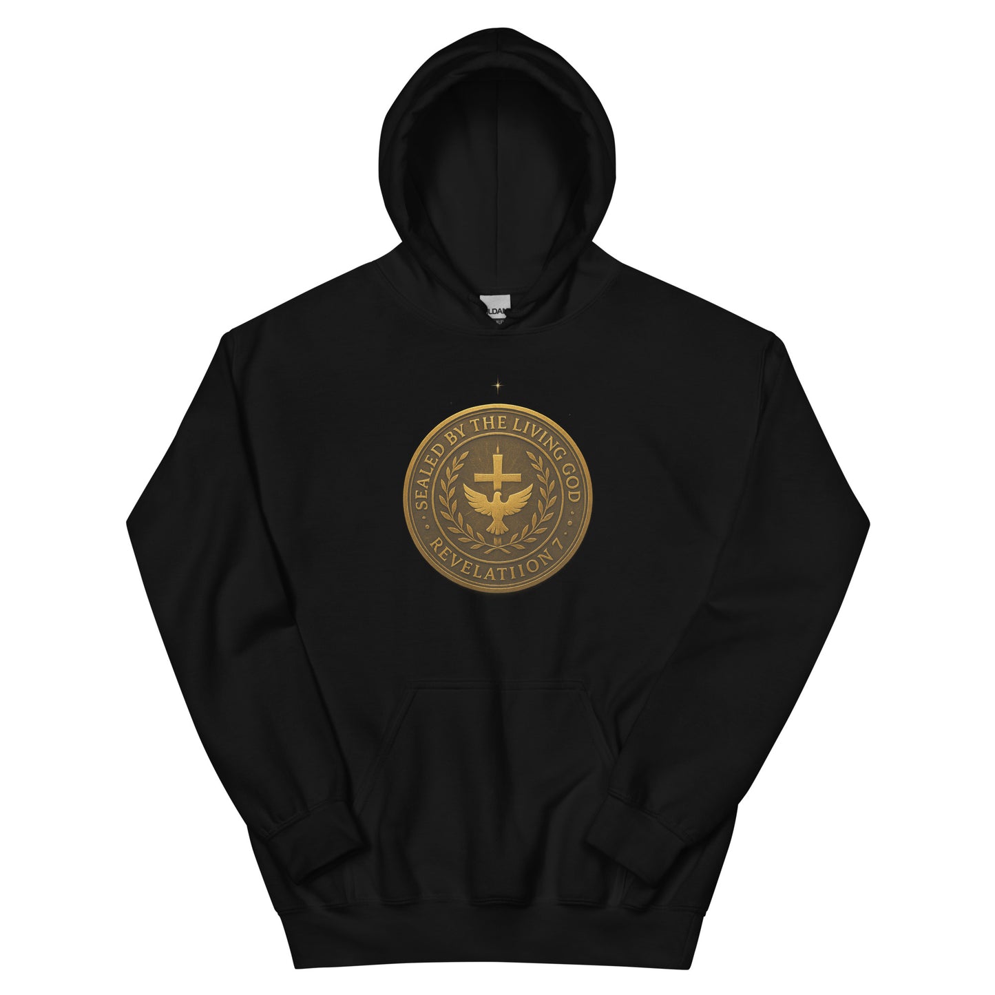 Christian hoodie with gold seal emblem that reads “Sealed by the Living God – Revelation 7” with a cross and dove in the center.