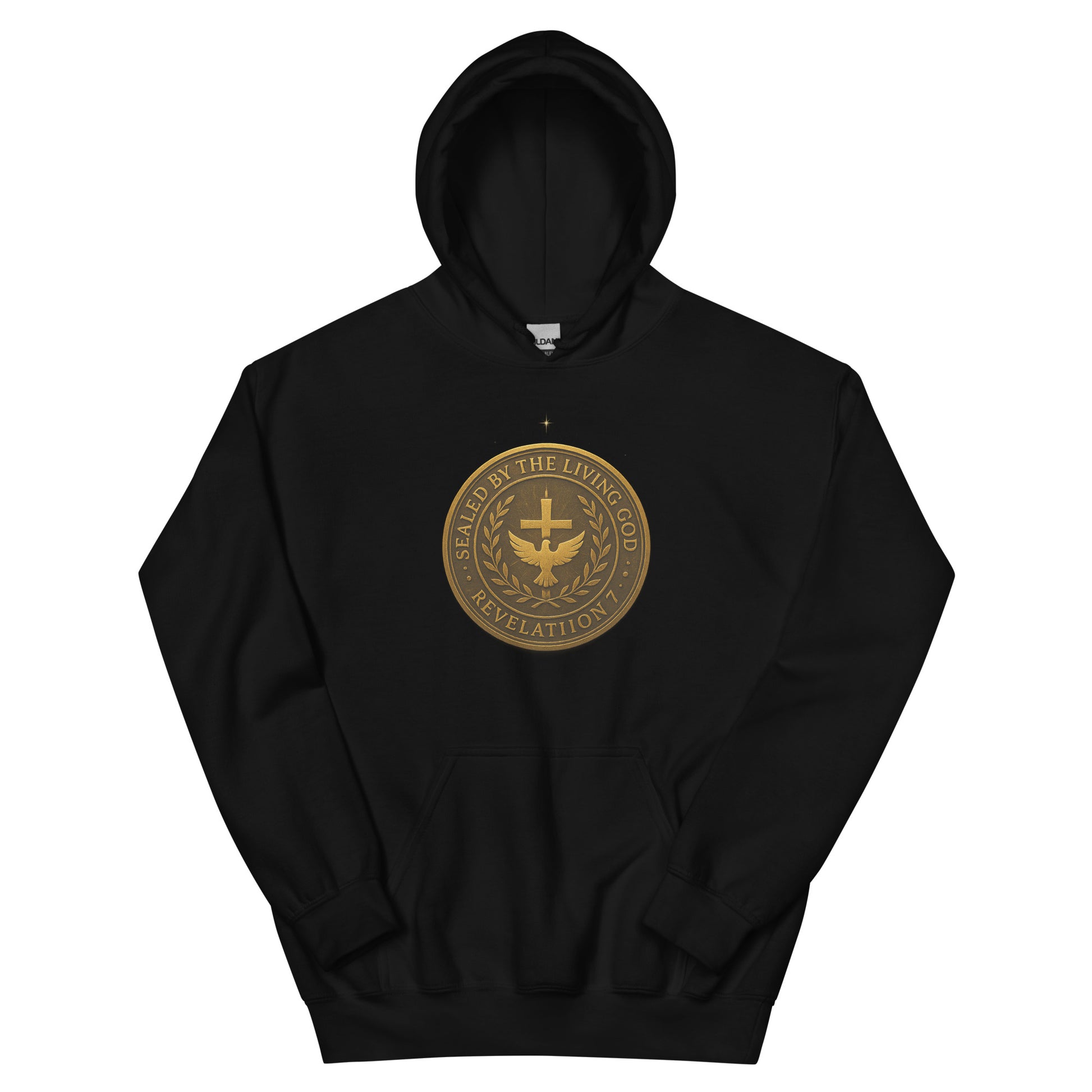 Christian hoodie with gold seal emblem that reads “Sealed by the Living God – Revelation 7” with a cross and dove in the center.