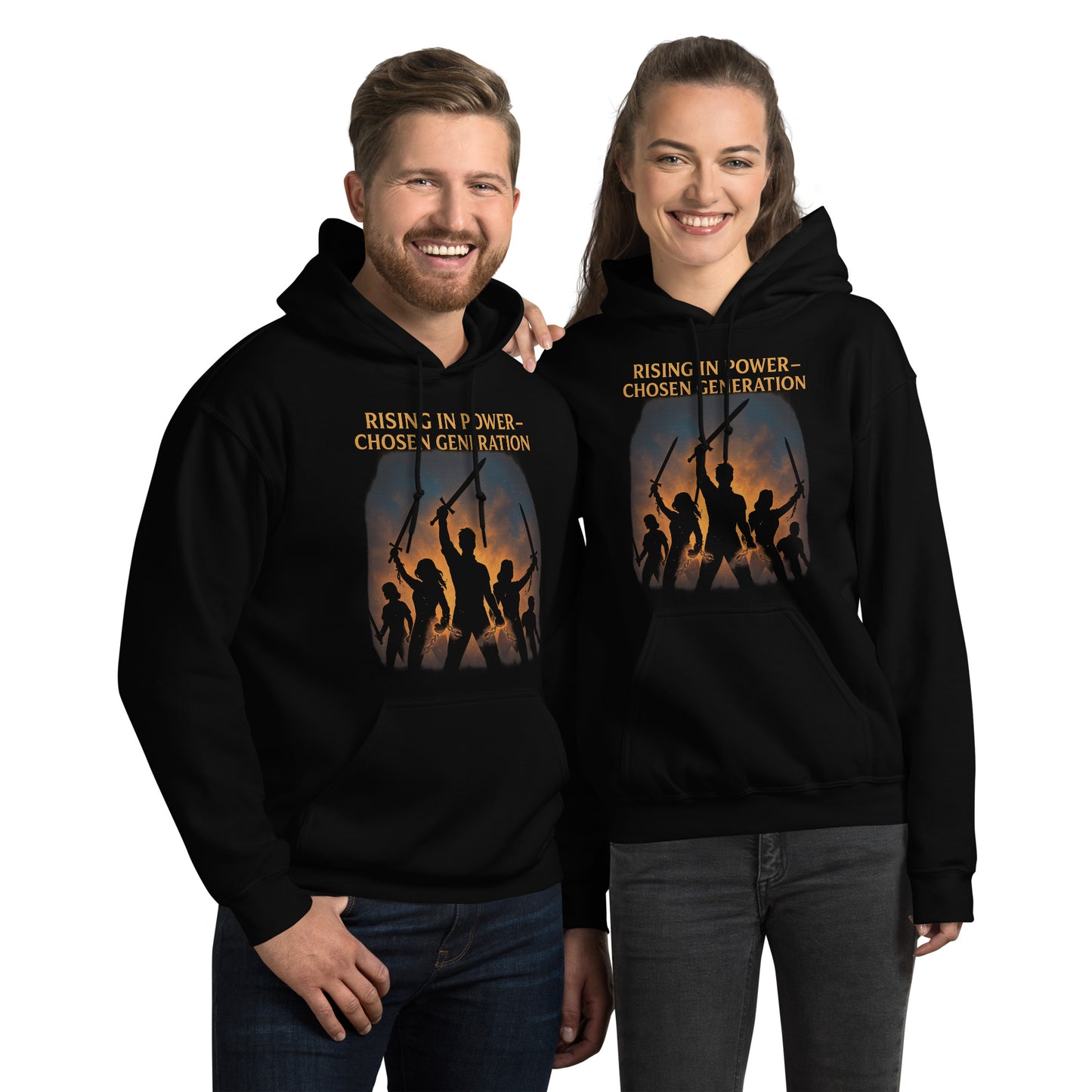 Man wearing a black hoodie with a graphic design and text on a white background