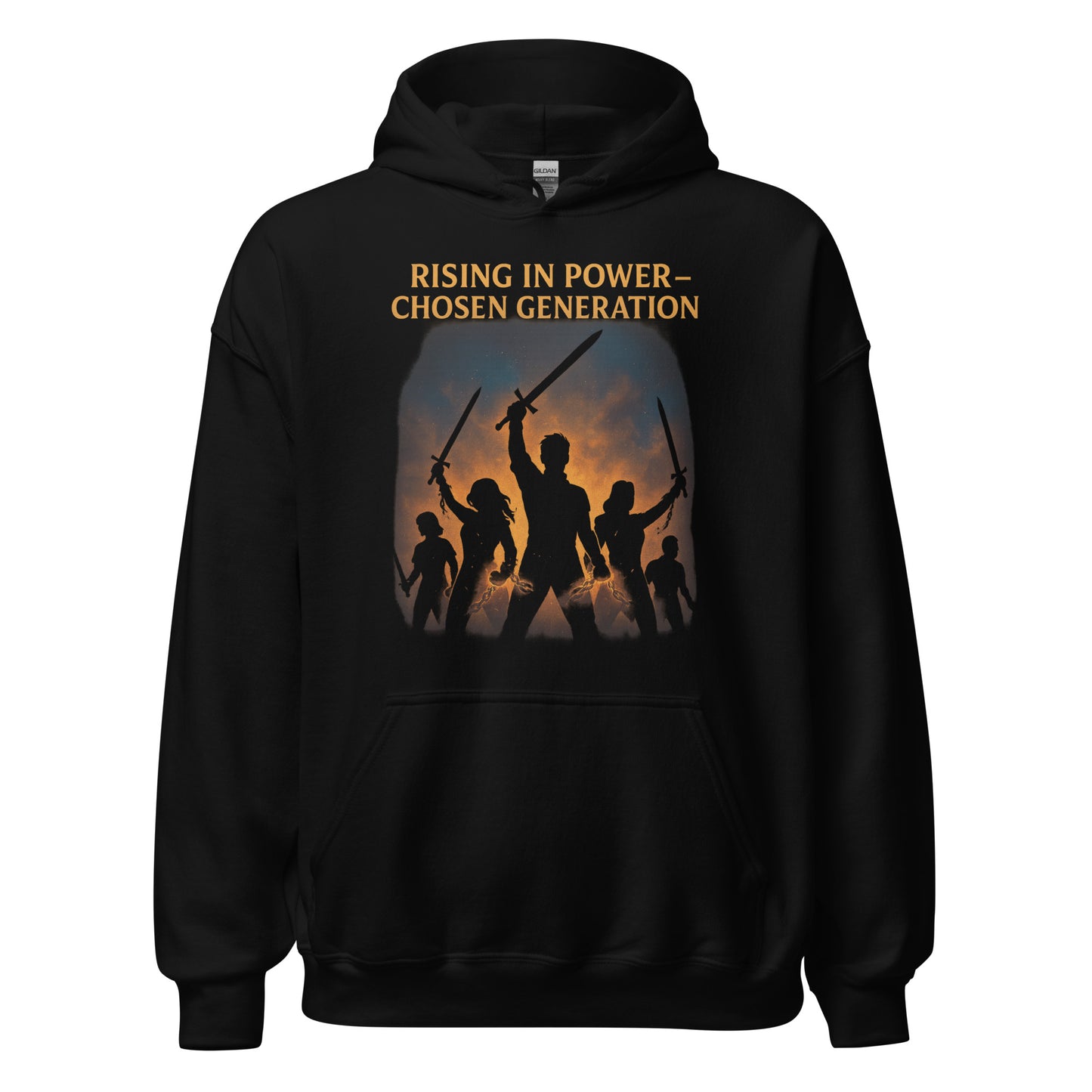Man wearing a black hoodie with a graphic design and text on a white background