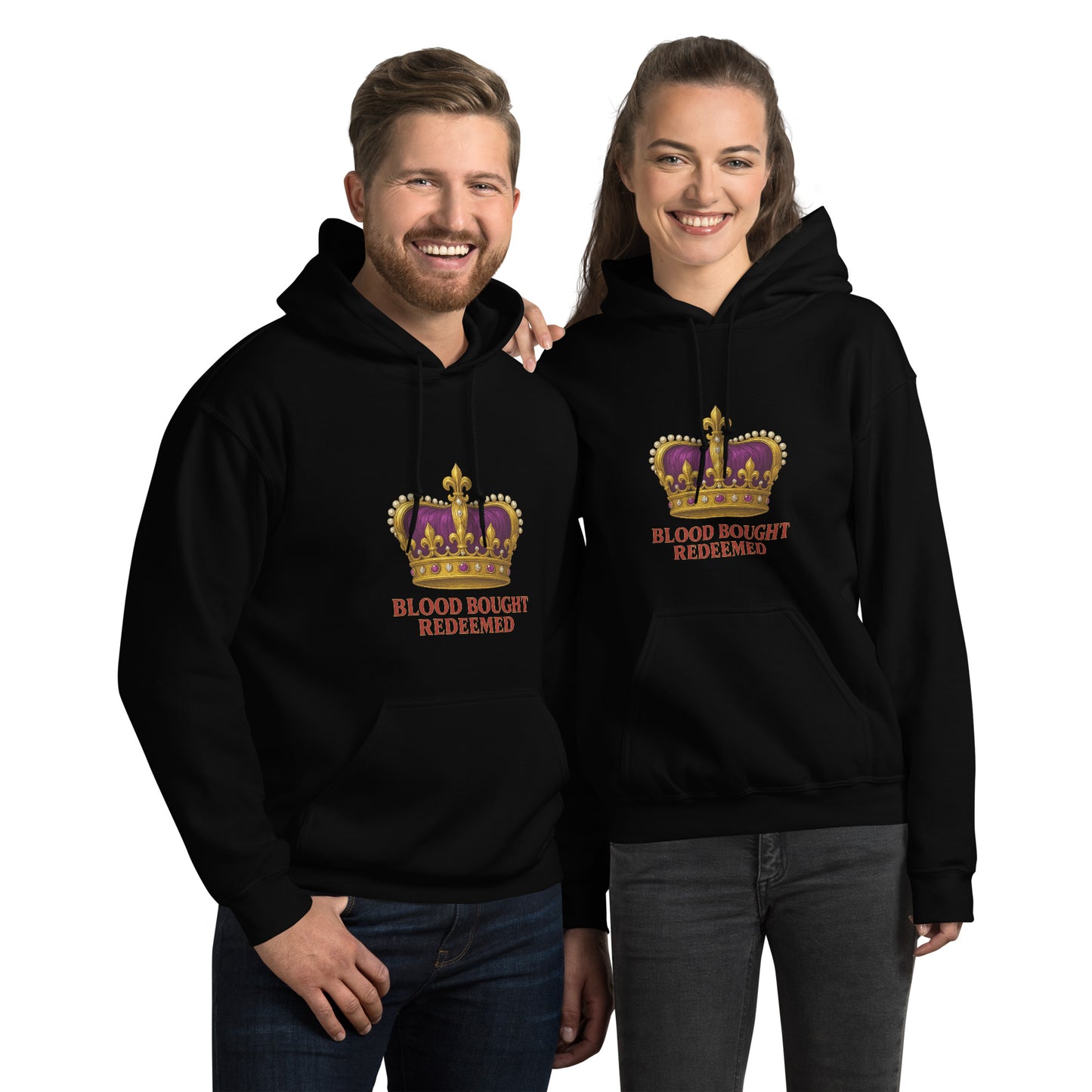 Christian Redeemed Crown hoodie with Blood Bought royal faith design.