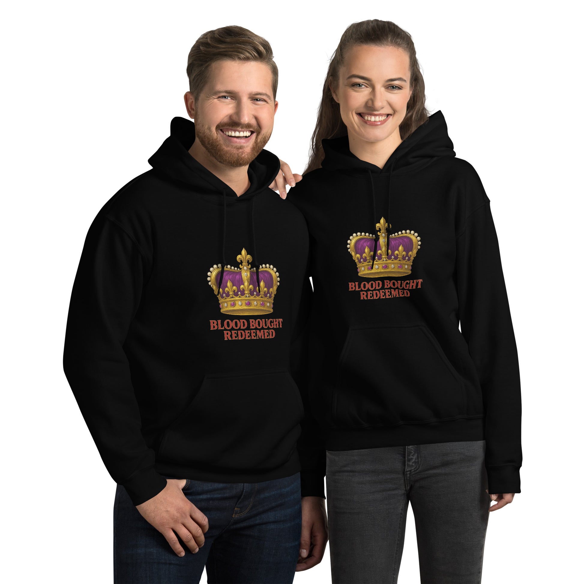 Christian Redeemed Crown hoodie with Blood Bought royal faith design.
