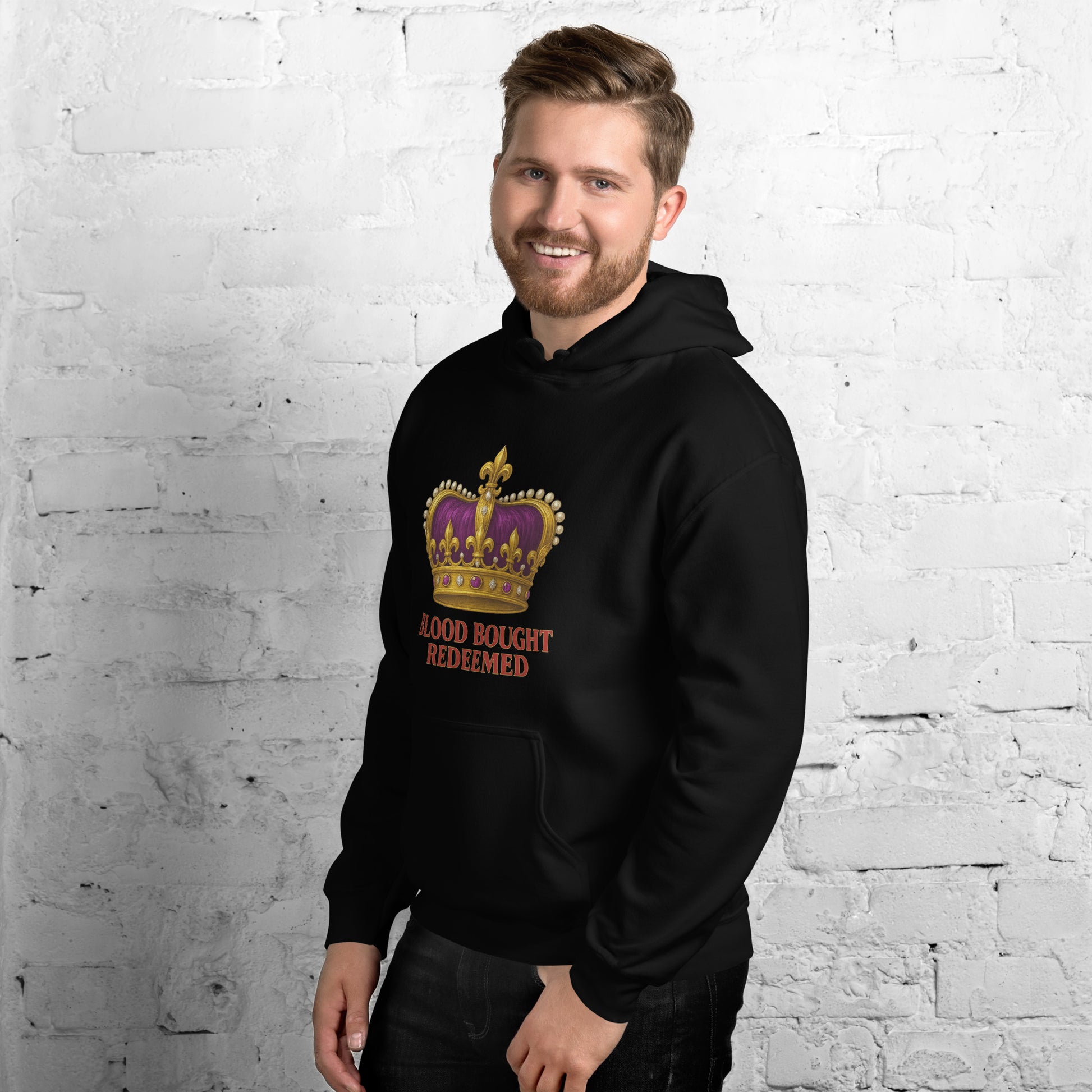 Christian Redeemed Crown hoodie with Blood Bought royal faith design.