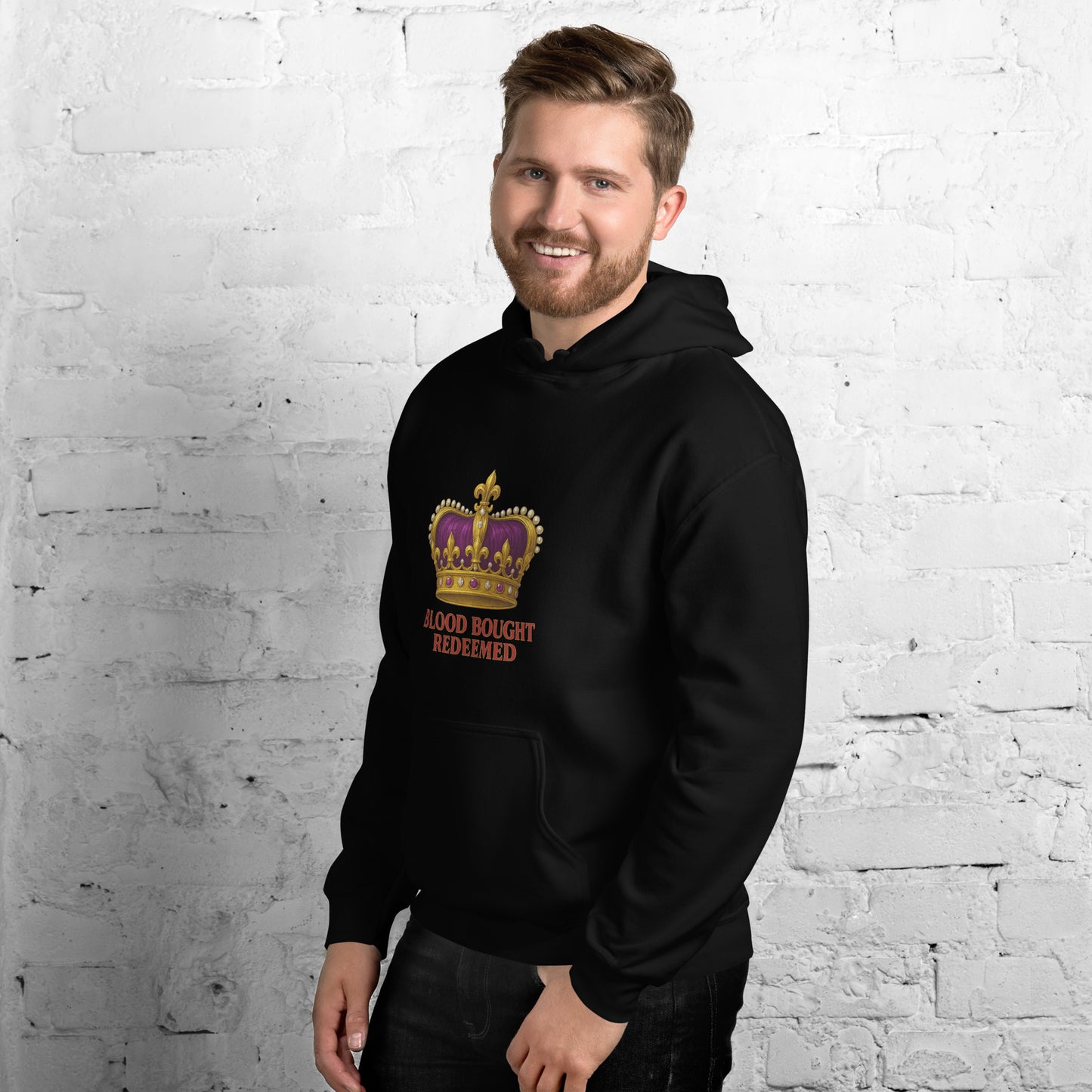 Christian Redeemed Crown hoodie with Blood Bought royal faith design.
