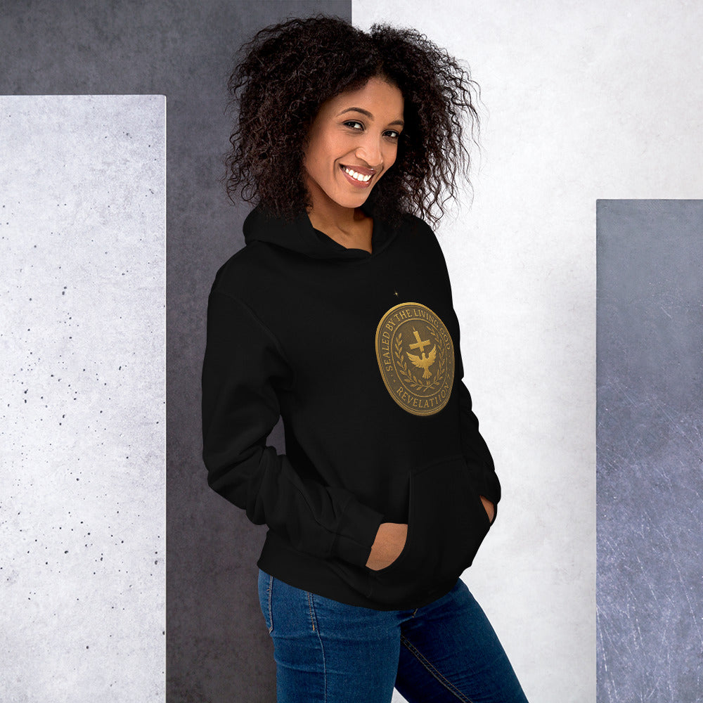 Christian hoodie with gold seal emblem that reads “Sealed by the Living God – Revelation 7” with a cross and dove in the center.