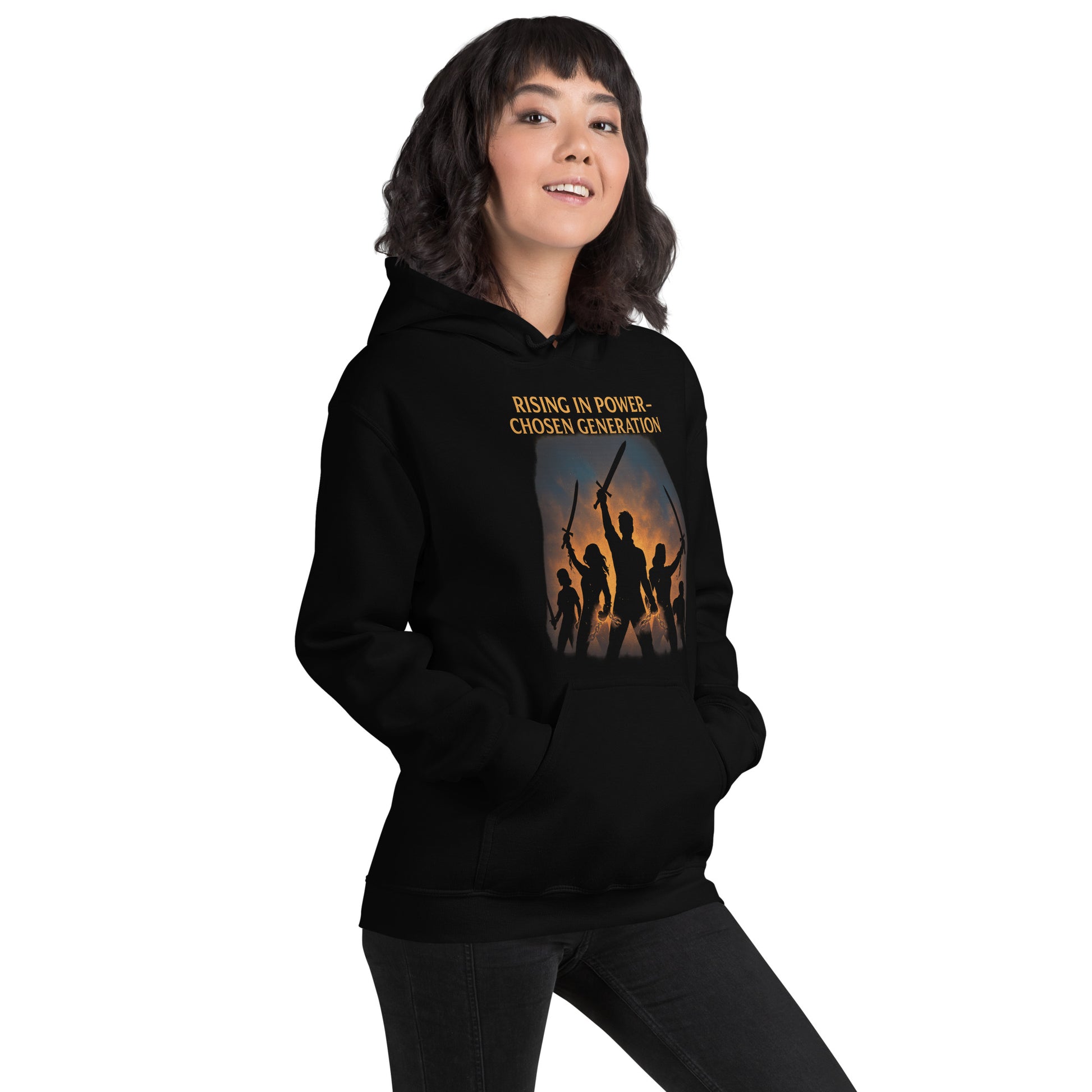 Man wearing a black hoodie with a graphic design and text on a white background