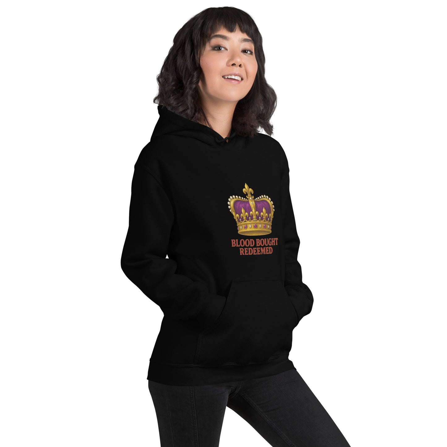 Christian Redeemed Crown hoodie with Blood Bought royal faith design.