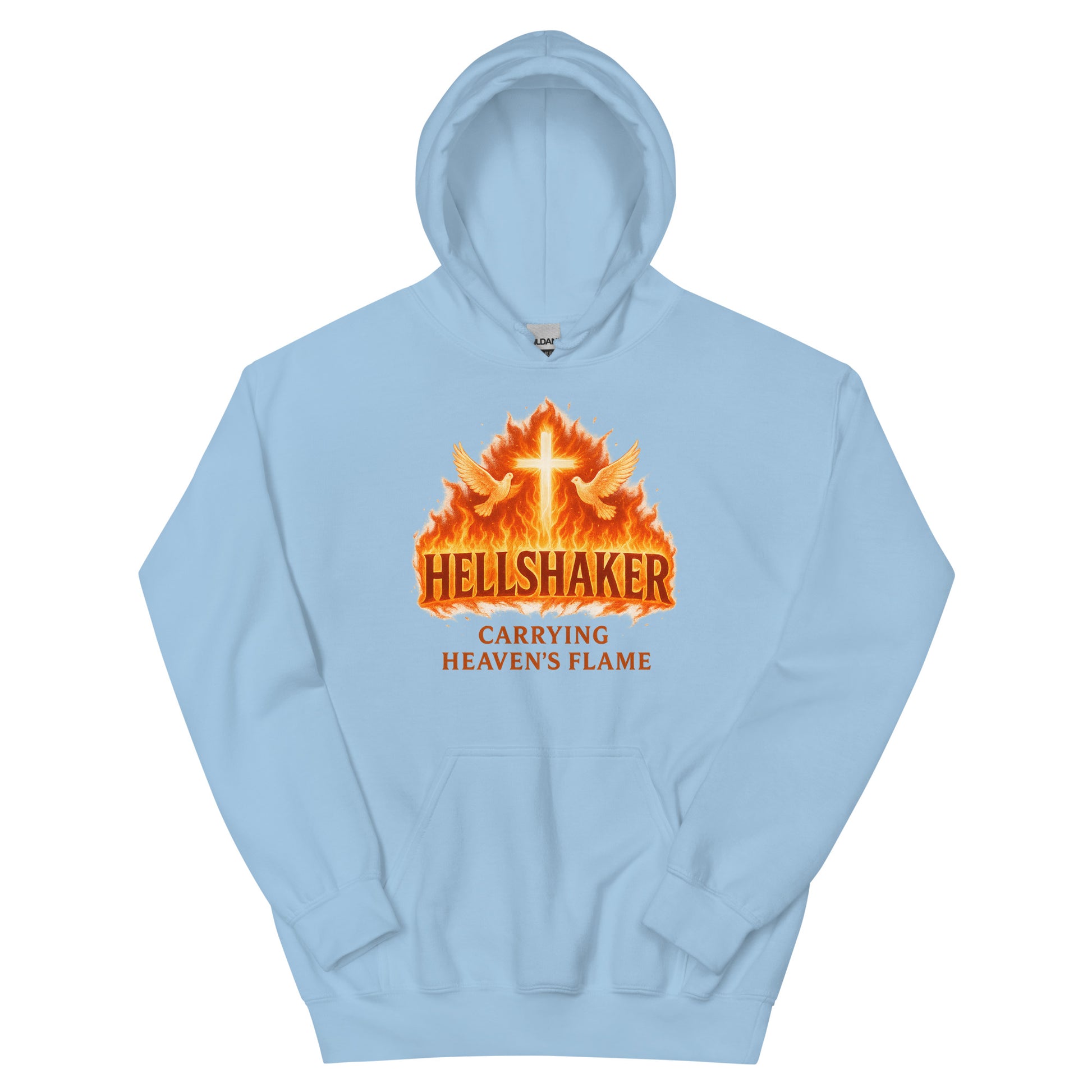 Christian hoodie – Hellshaker – Carrying Heaven’s Flame – flaming cross and wings – Bold Faith Apparel | Your Divine Network