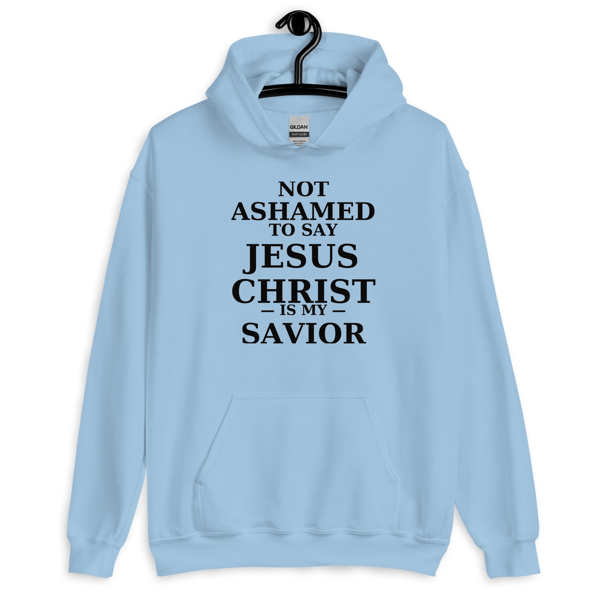 “Blue Christian hoodie with the bold faith message ‘Not Ashamed to Say Jesus Is My Savior’ in modern typography. Inspirational Scripture-based apparel for evangelism and everyday Christian streetwear.”