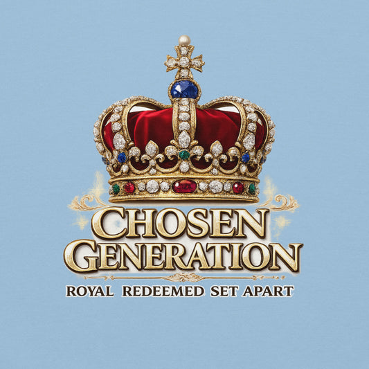 Christian hoodie with jeweled royal crown and the words “Chosen Generation – Royal, Redeemed, Set Apart,” inspired by 1 Peter 2:9.