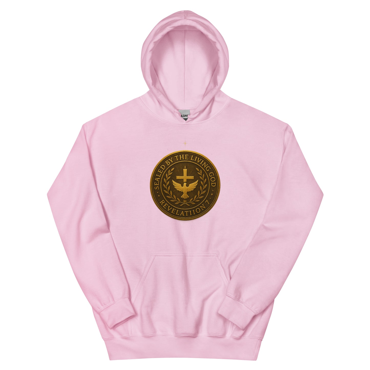 Christian hoodie with gold seal emblem that reads “Sealed by the Living God – Revelation 7” with a cross and dove in the center.