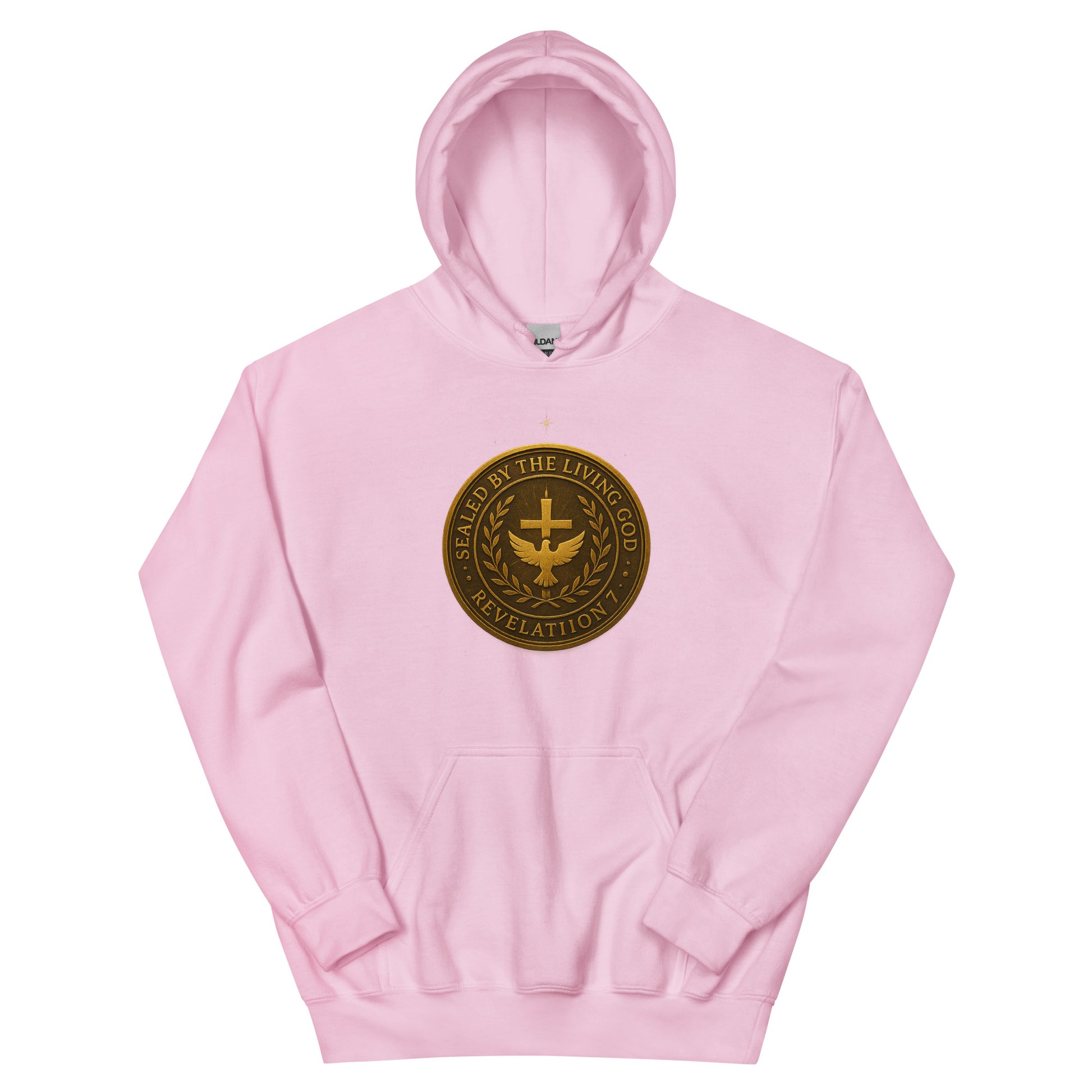 Christian hoodie with gold seal emblem that reads “Sealed by the Living God – Revelation 7” with a cross and dove in the center.