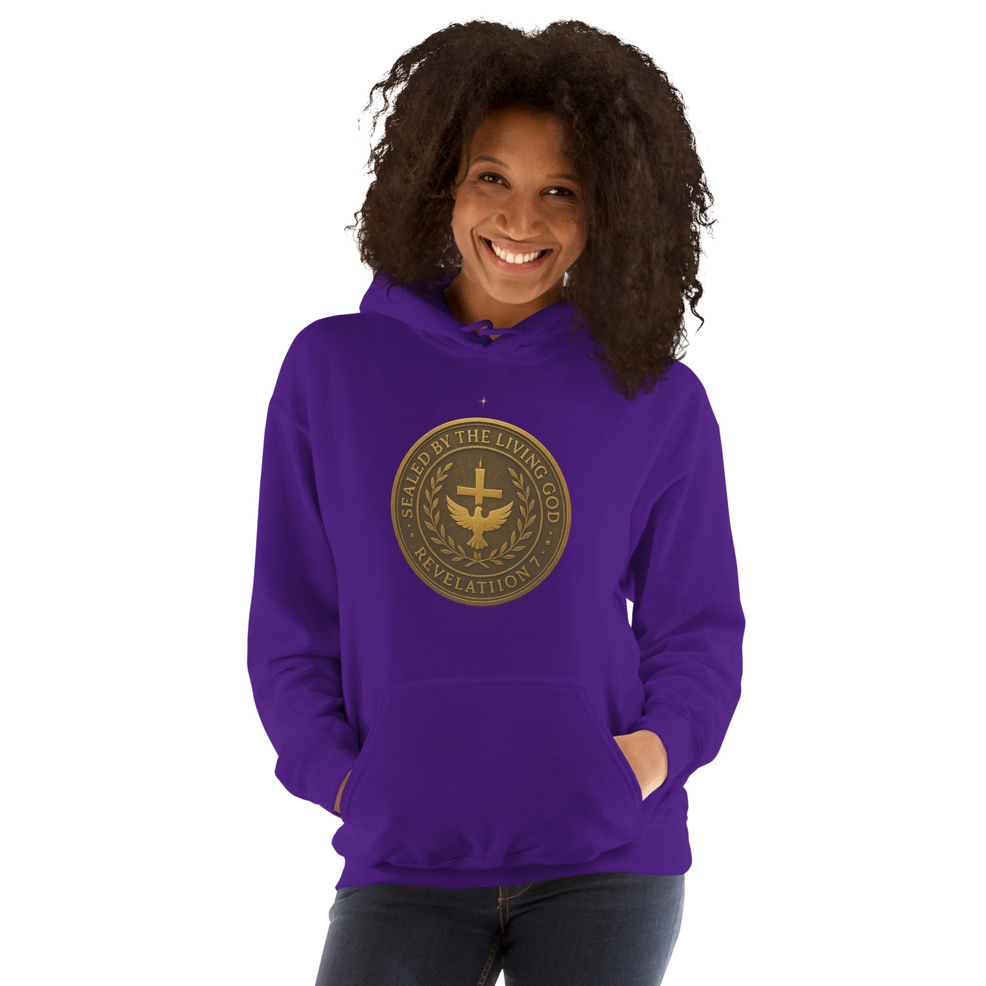 Christian hoodie with gold seal emblem that reads “Sealed by the Living God – Revelation 7” with a cross and dove in the center.
