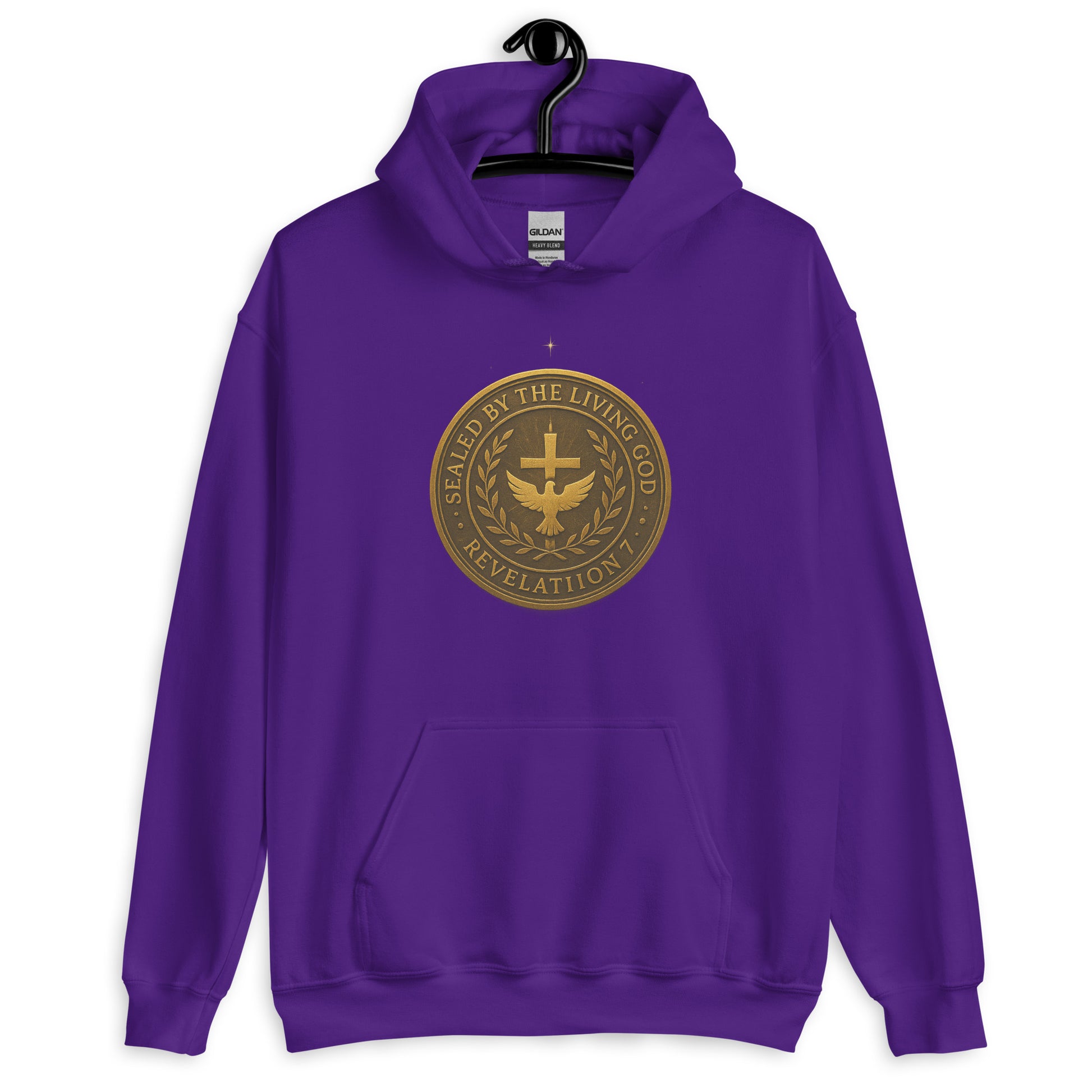Christian hoodie with gold seal emblem that reads “Sealed by the Living God – Revelation 7” with a cross and dove in the center.