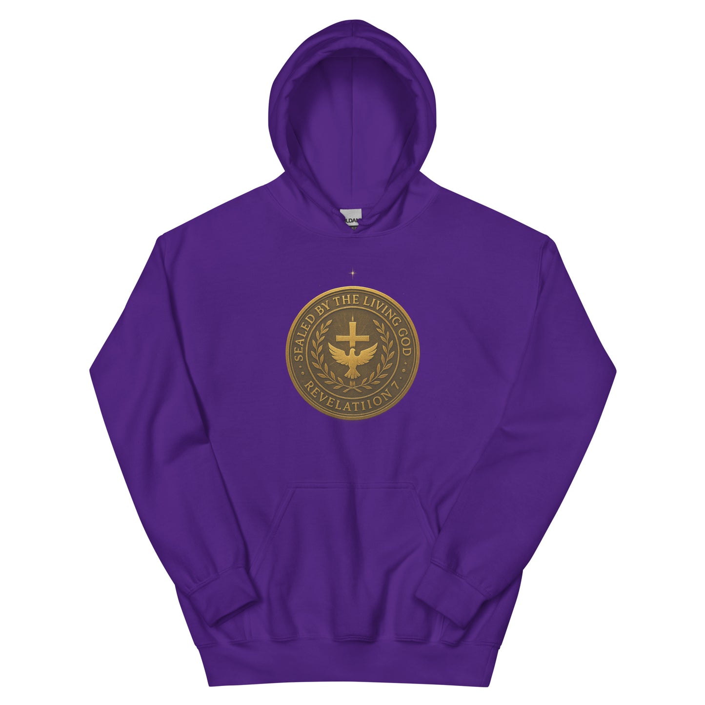 Christian hoodie with gold seal emblem that reads “Sealed by the Living God – Revelation 7” with a cross and dove in the center.