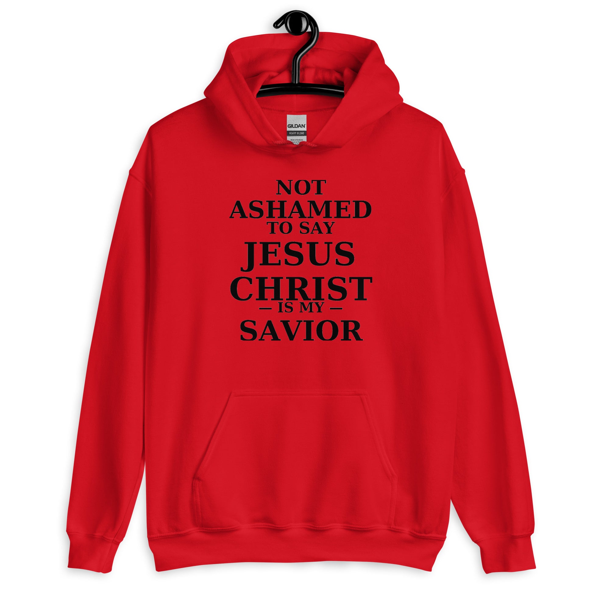 “Red Christian hoodie with the bold faith message ‘Not Ashamed to Say Jesus Is My Savior’ in modern typography. Inspirational Scripture-based apparel for evangelism and everyday Christian streetwear.”