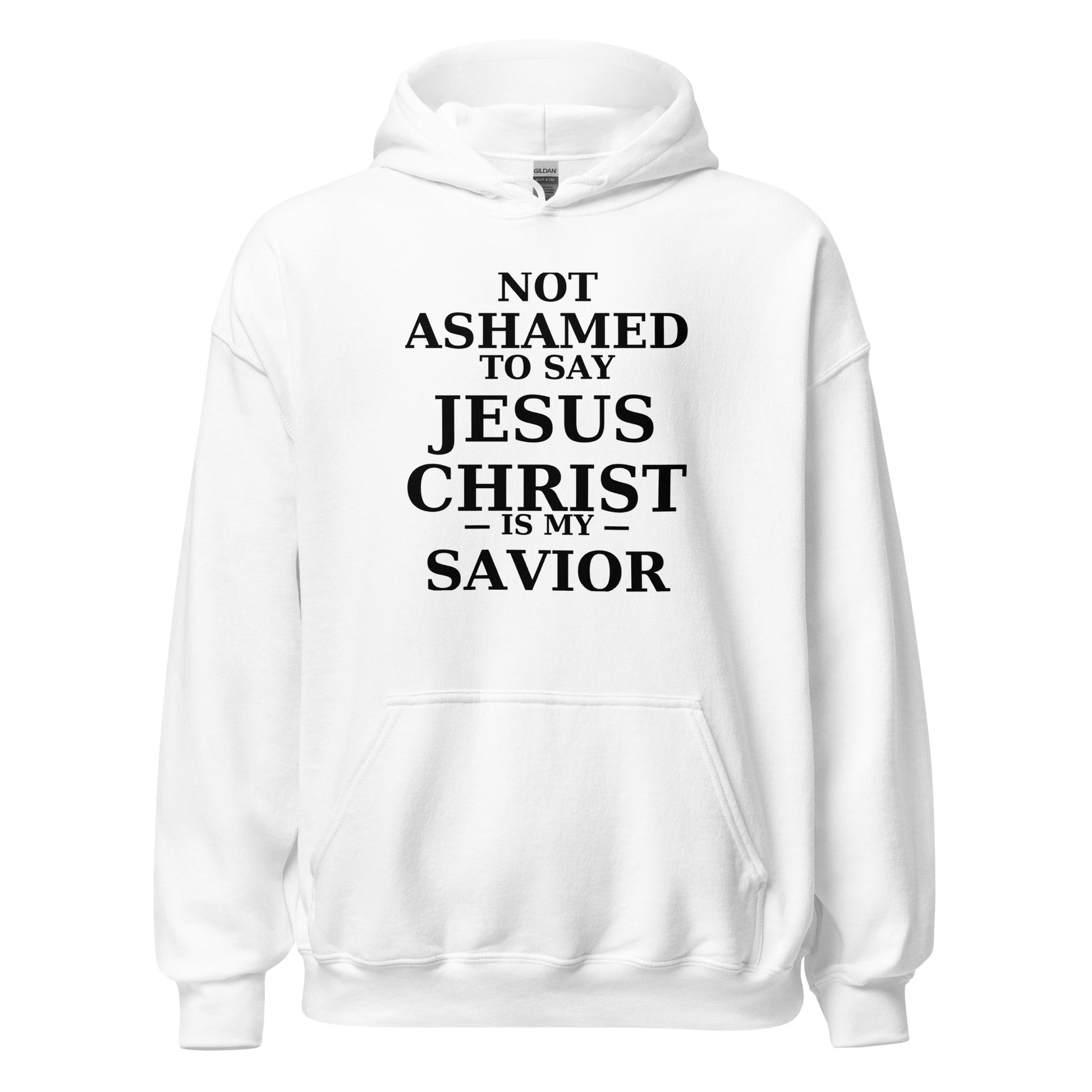 “White Christian hoodie with the bold faith message ‘Not Ashamed to Say Jesus Is My Savior’ in modern typography. Inspirational Scripture-based apparel for evangelism and everyday Christian streetwear.”