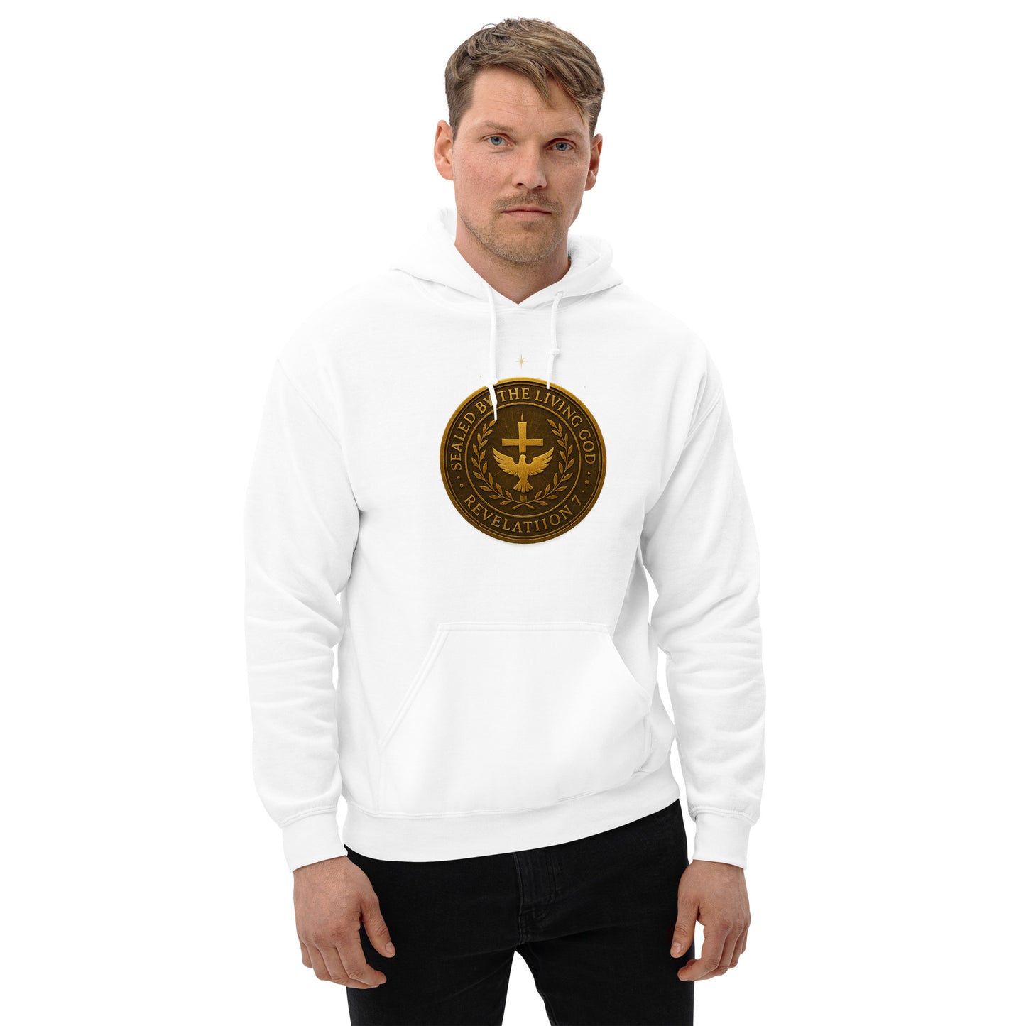 Christian hoodie with gold seal emblem that reads “Sealed by the Living God – Revelation 7” with a cross and dove in the center.