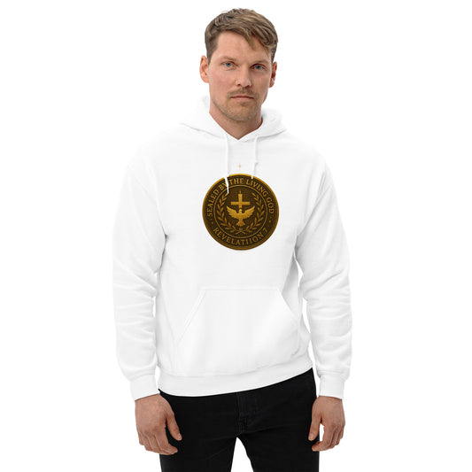Christian hoodie with gold seal emblem that reads “Sealed by the Living God – Revelation 7” with a cross and dove in the center.