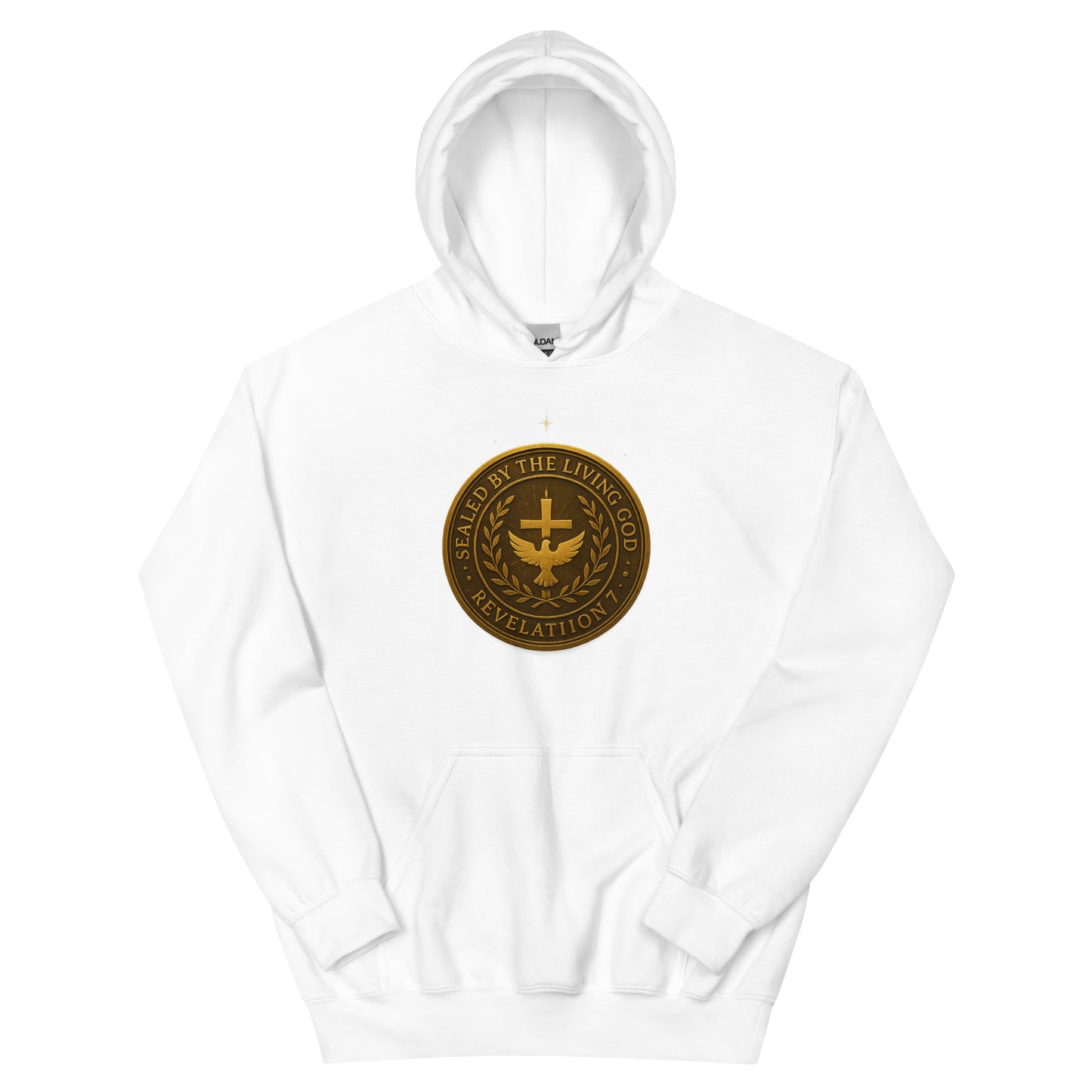 Christian hoodie with gold seal emblem that reads “Sealed by the Living God – Revelation 7” with a cross and dove in the center.