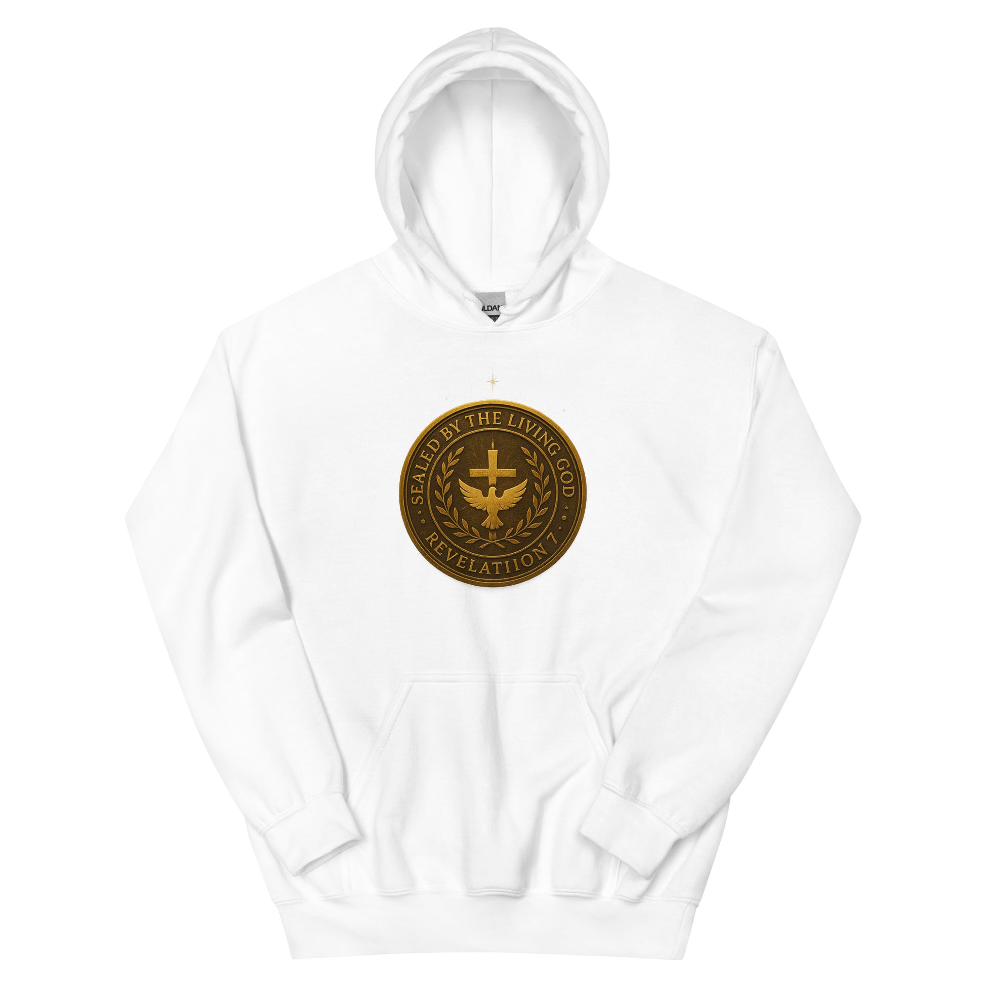 Christian hoodie with gold seal emblem that reads “Sealed by the Living God – Revelation 7” with a cross and dove in the center.