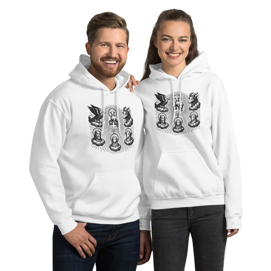 White hoodie with a black Revelation-inspired design showing the Lamb of God and four living creatures in a radiant throne-room style.