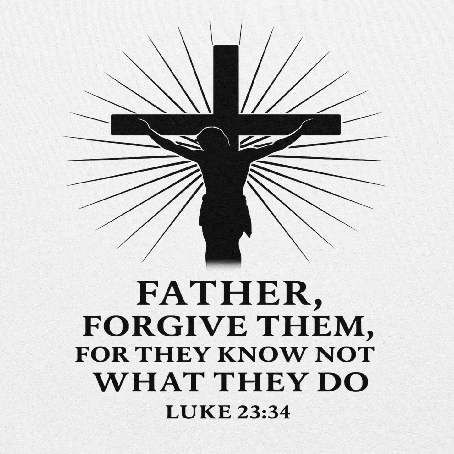 Silhouette of a crucifixion with a religious quote on a white background