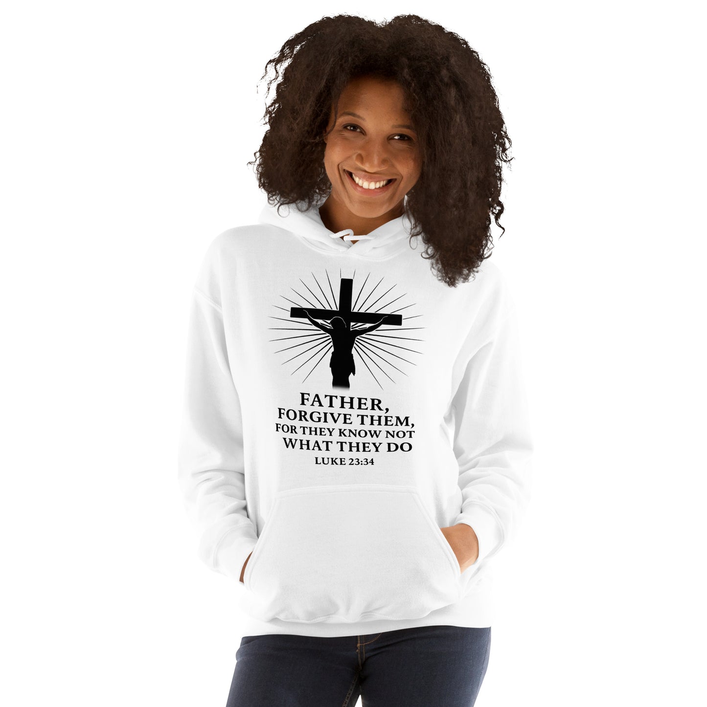 Person wearing a white hoodie with a cross and text design on a white background