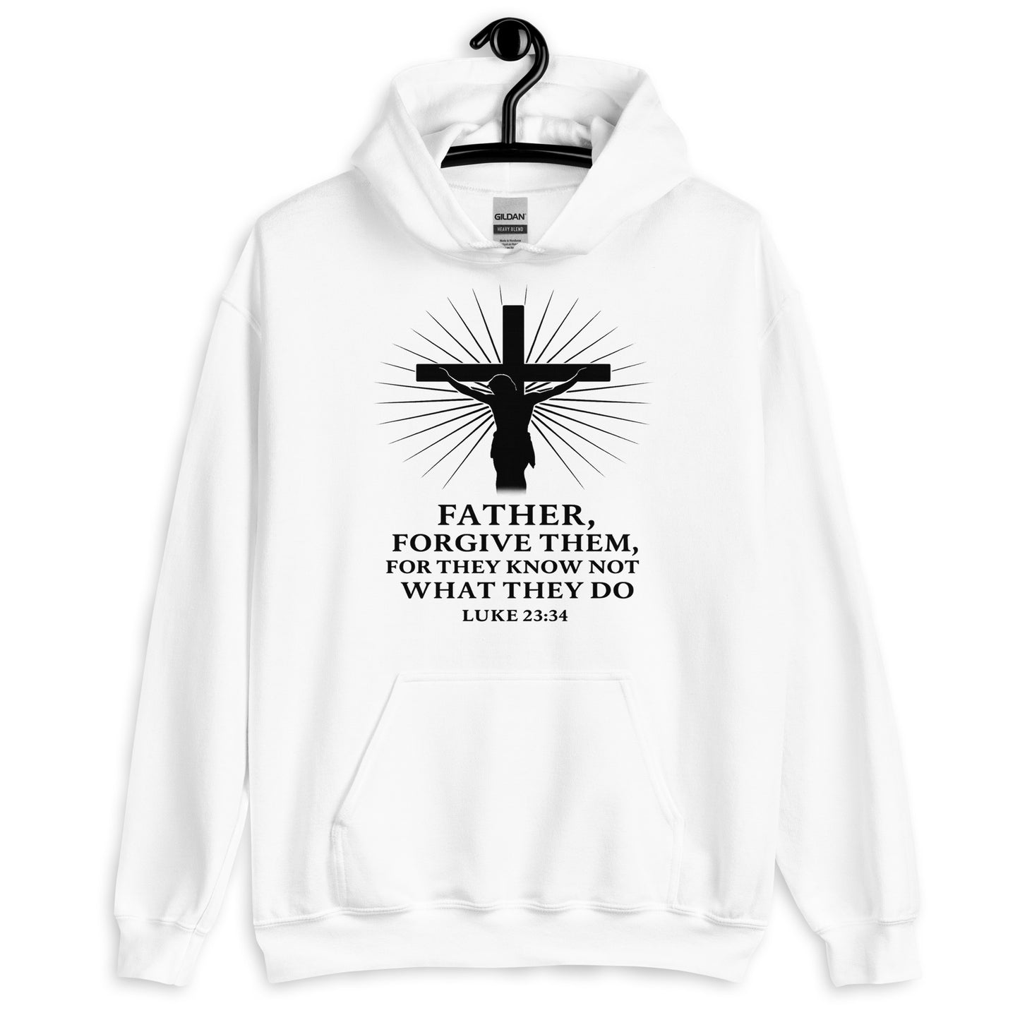 White hoodie with a black cross and text design on a white background