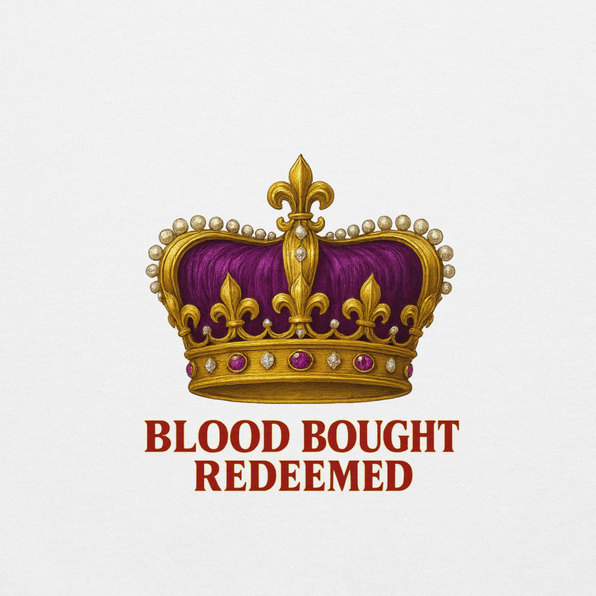 Christian Redeemed Crown hoodie with Blood Bought royal faith design.