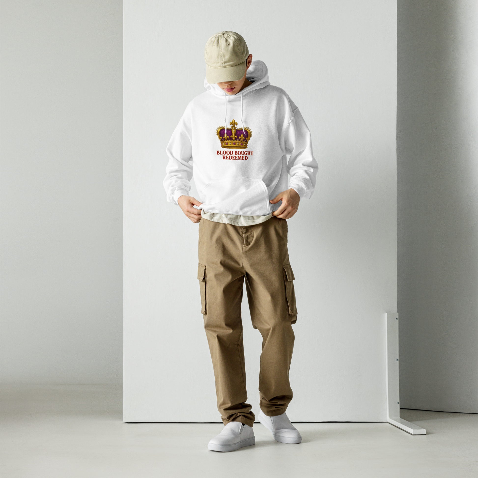 Christian Redeemed Crown hoodie with Blood Bought royal faith design.