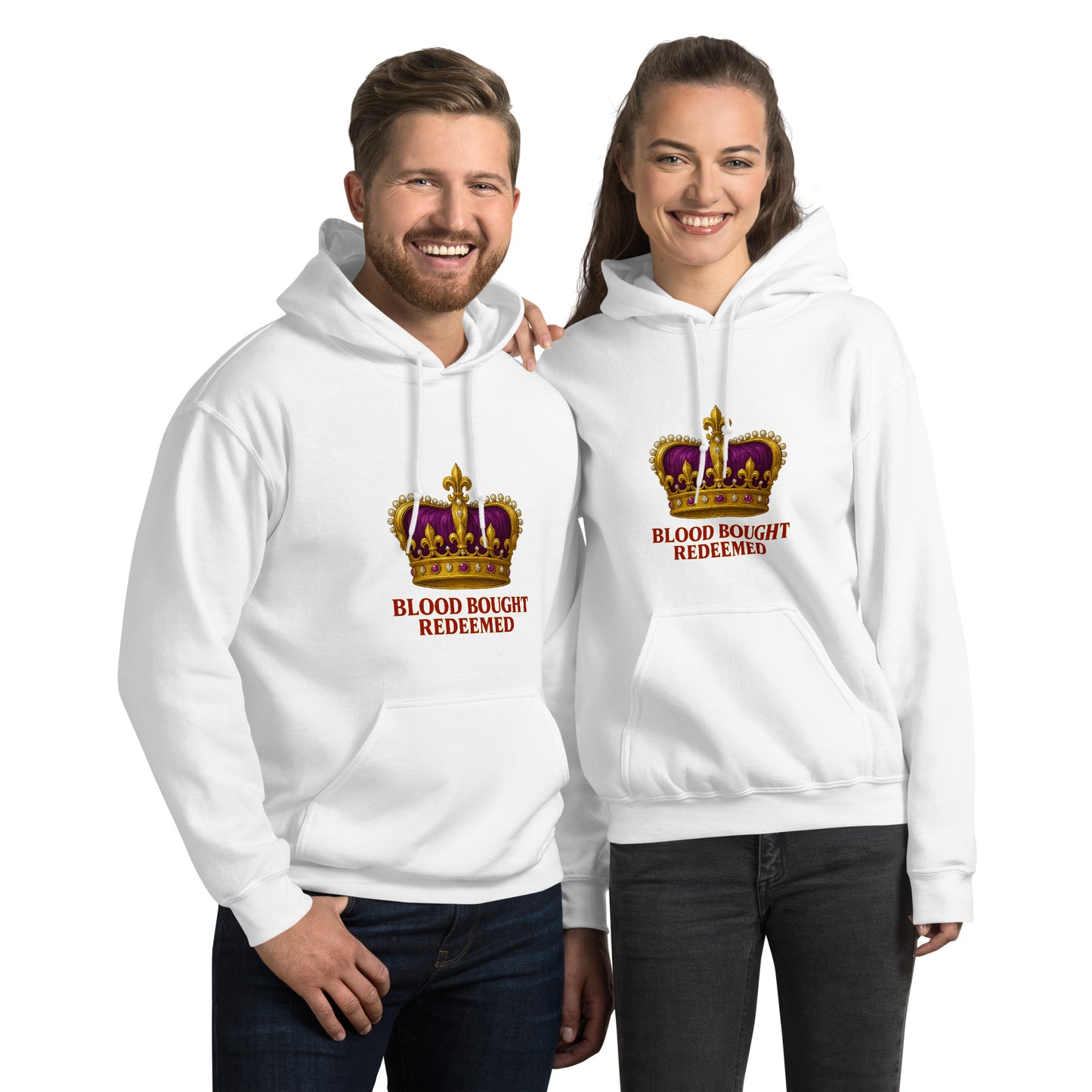 Christian Redeemed Crown hoodie with Blood Bought royal faith design.